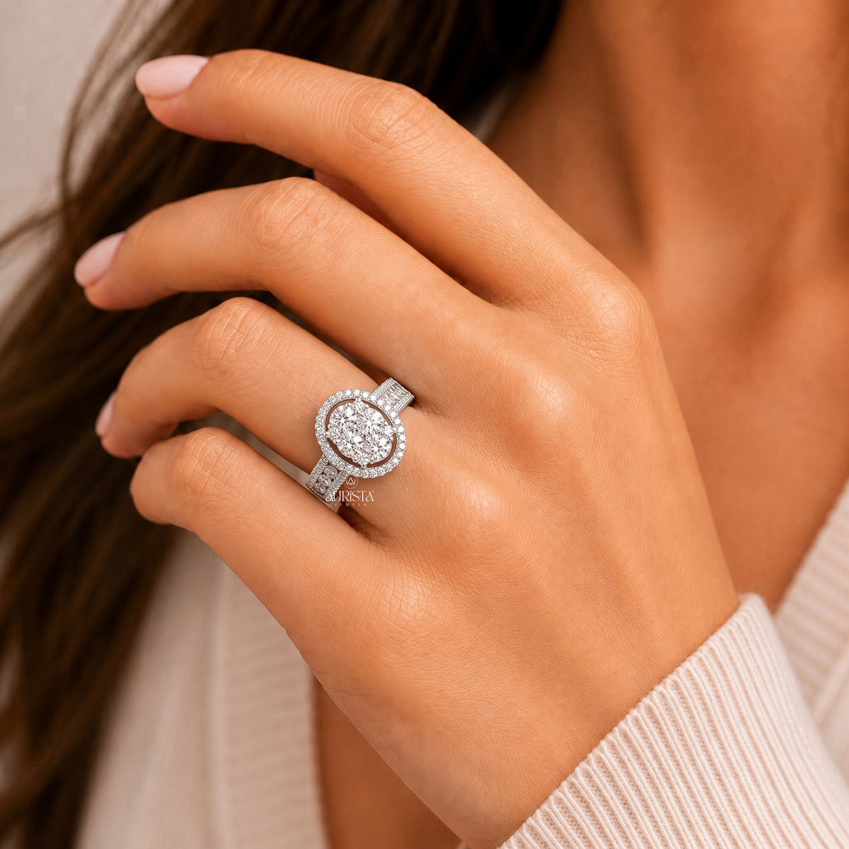 Oval Cluster Diamond Ring, Lab Grown Diamond Statement Band In White Gold Pave Set