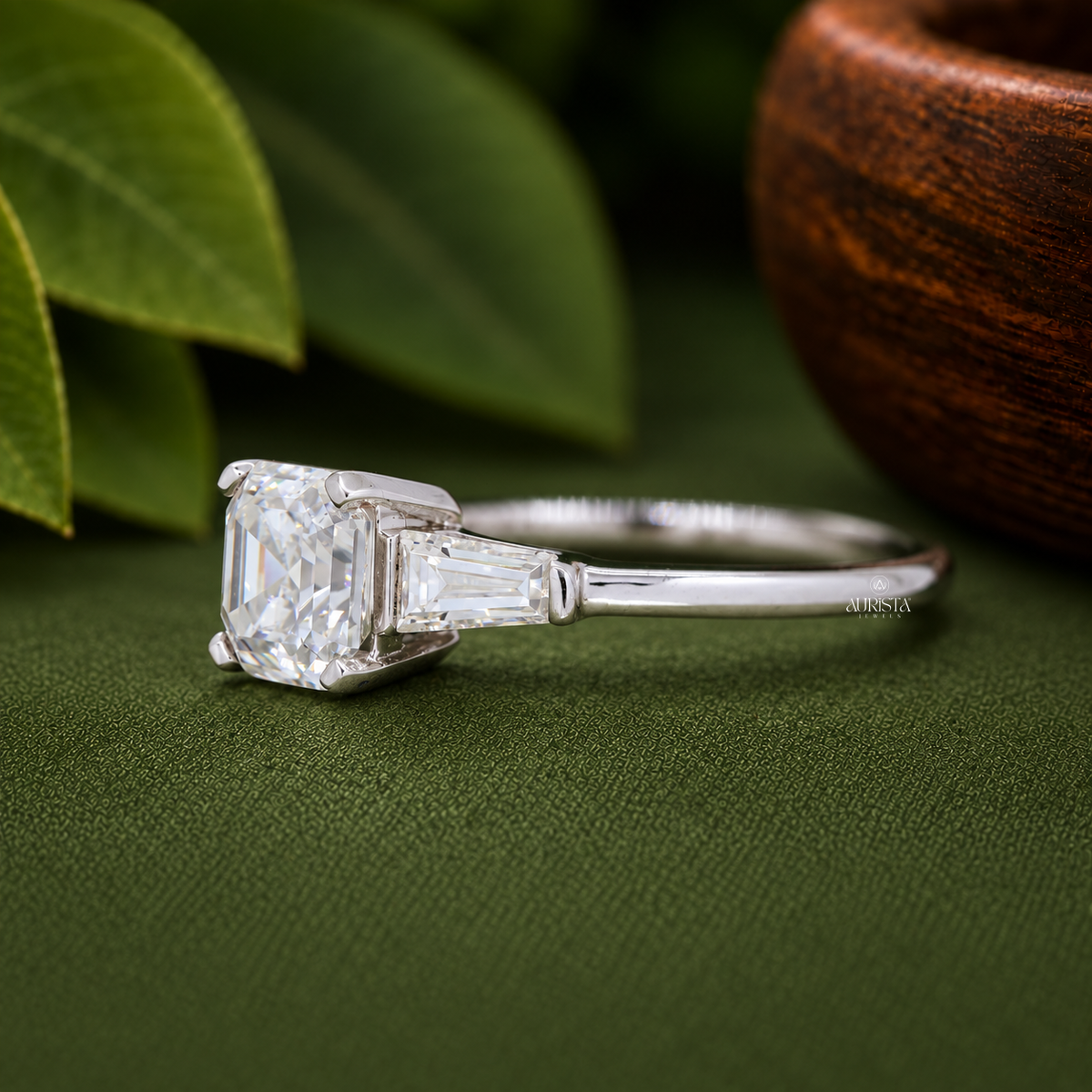 Asscher Cut Lab Grown Diamond Engagement Ring, Three Stone Tapered Baguette Ring