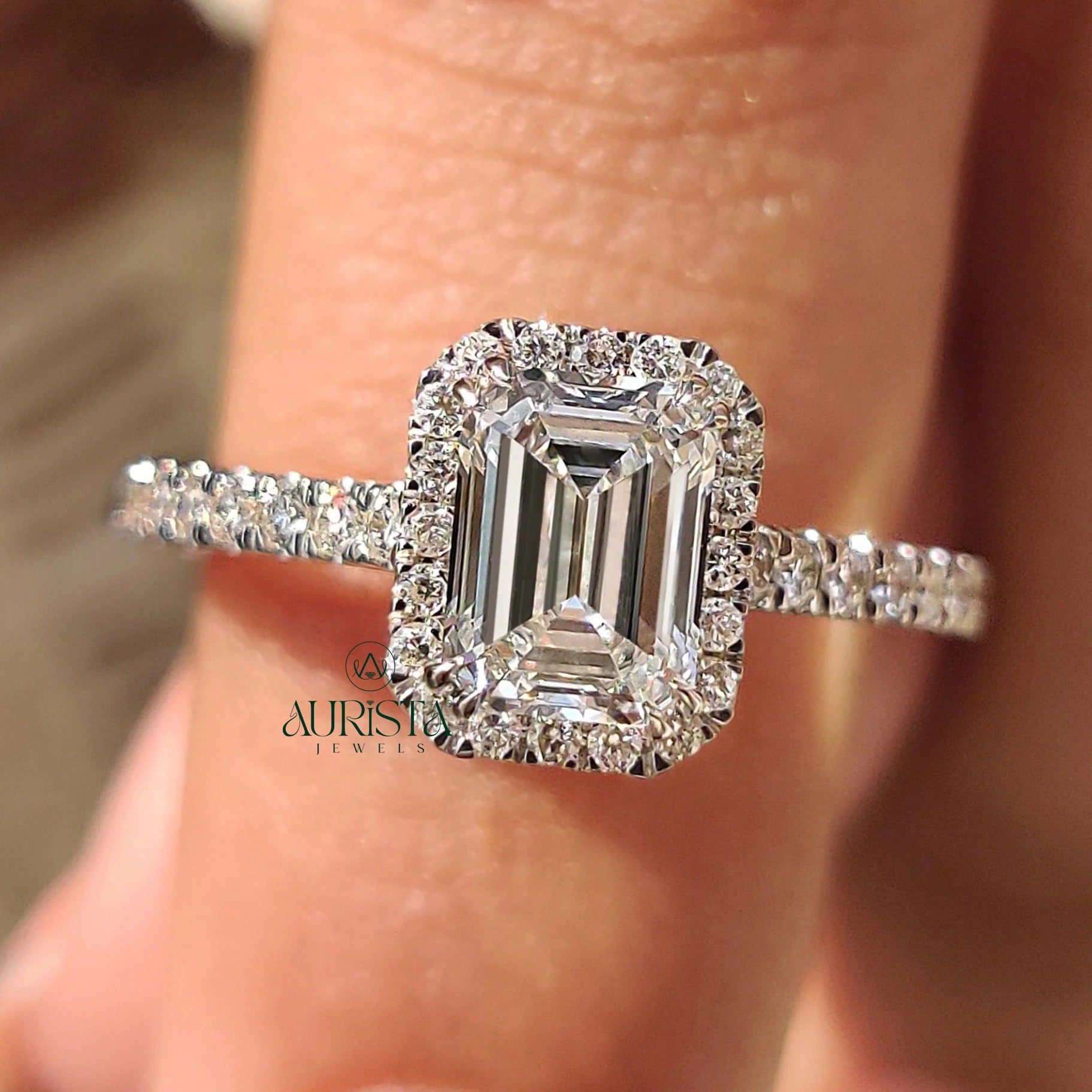 Emerald Cut Brilliant Stone Ring with Sparkling Halo