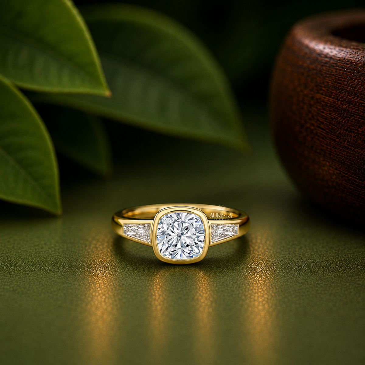 Cushion Lab Grown Diamond Ring, Bezel Set Yellow Gold With Baguette Side Stones