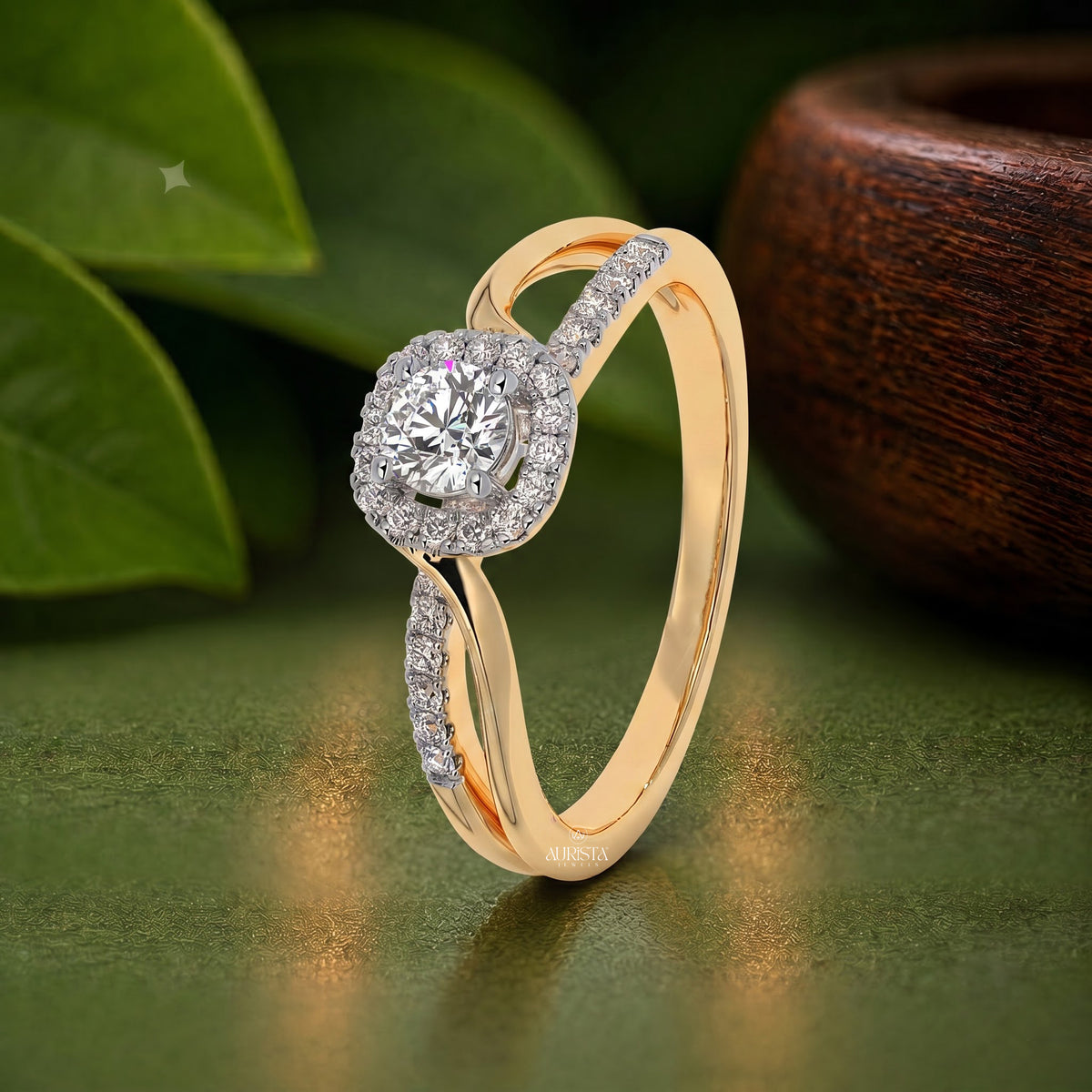 Round Lab Grown Diamond Ring, Crossover Halo Engagement Ring Fine Jewelry