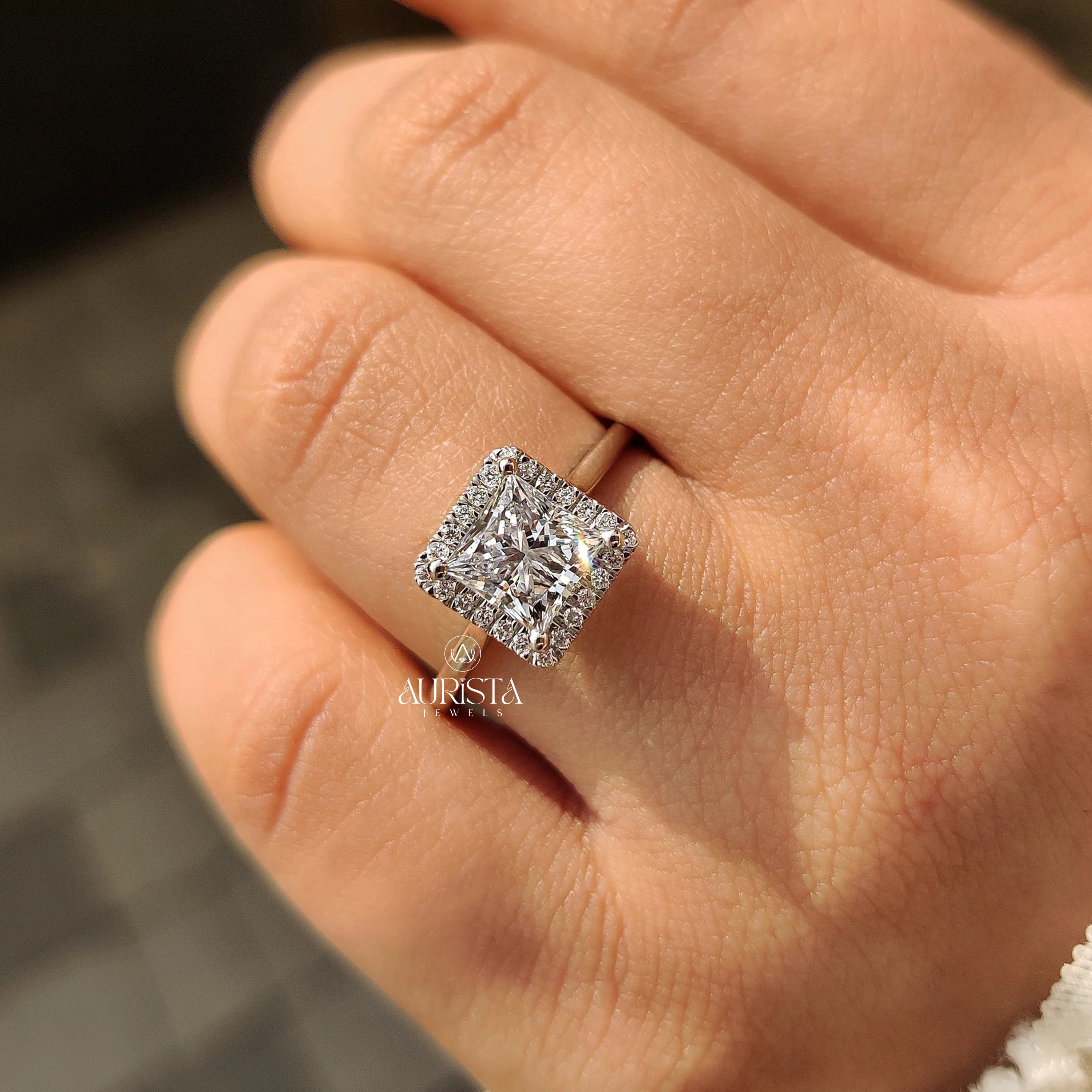 The Geometric Halo: Princess Cut Diamond Ring in Solid Gold