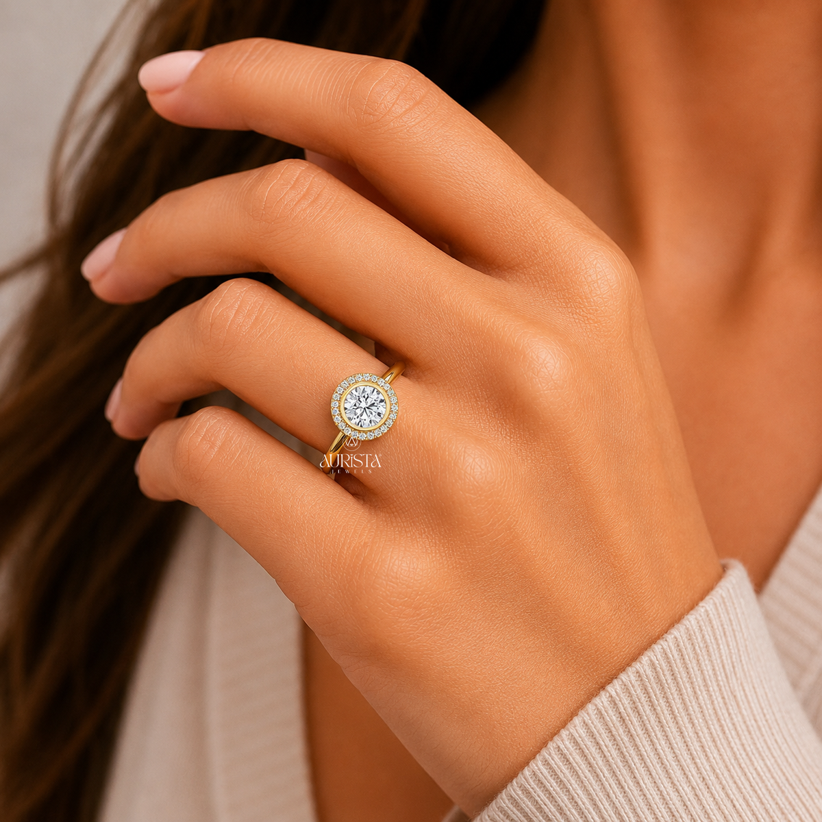 Round Lab Grown Diamond Ring, Bezel Halo Setting Band Unique Bridal Jewelry
