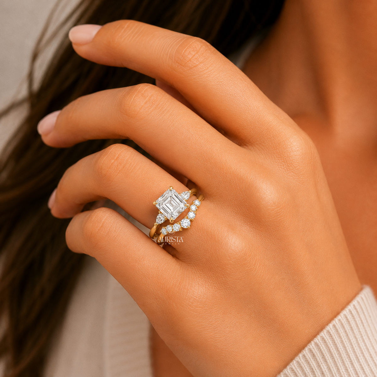 Asscher Shape Lab Grown Diamond Ring Set, Three Stone Yellow Gold With Curved Band