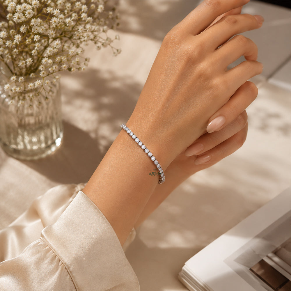 Moissanite Round Tennis Bracelet, Luxury Silver Statement Jewelry, Bridal Gift Her
