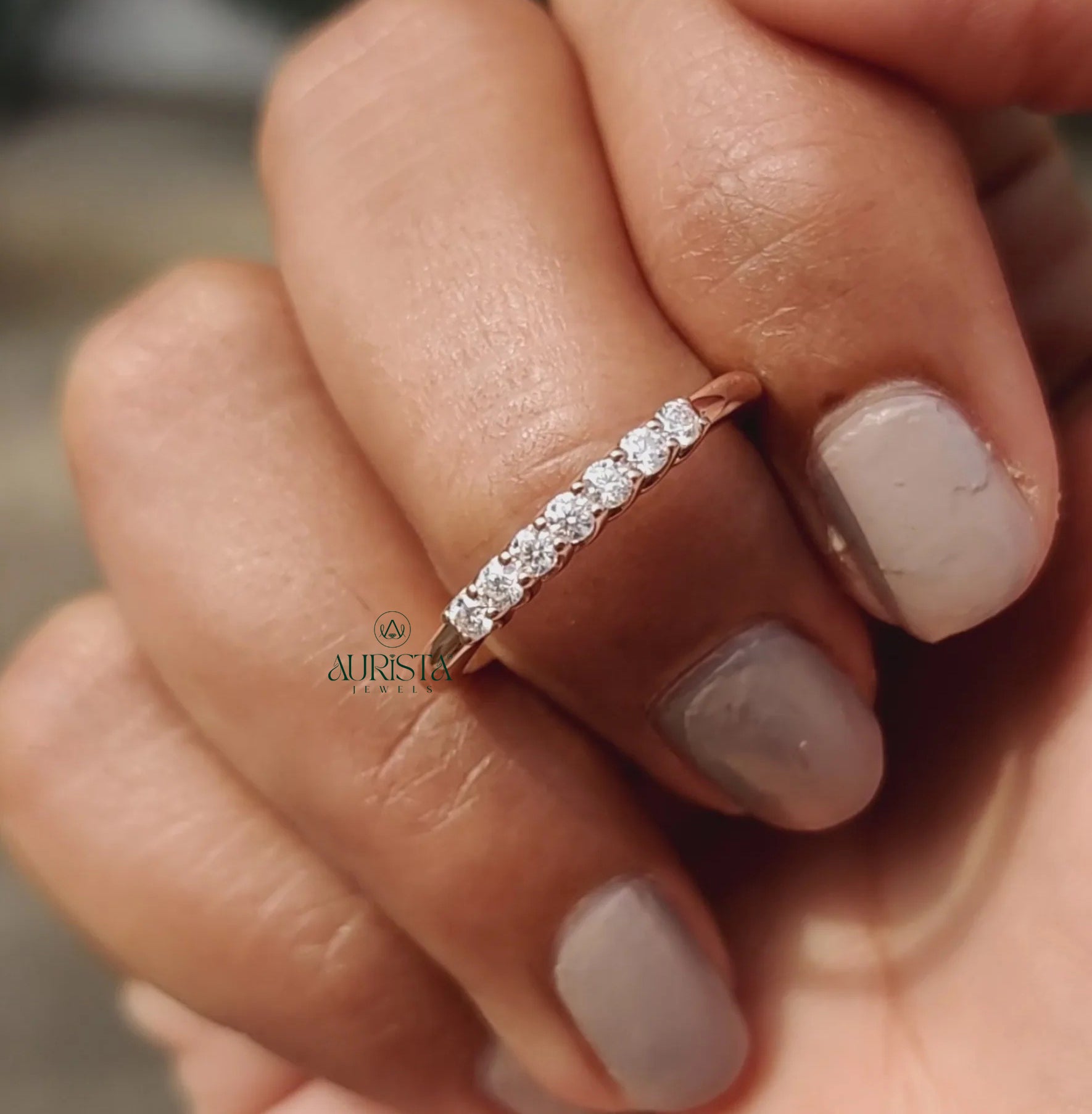 Dainty Moissanite Diamond Station Band Rose Gold Minimalist Stackable Wedding Ring