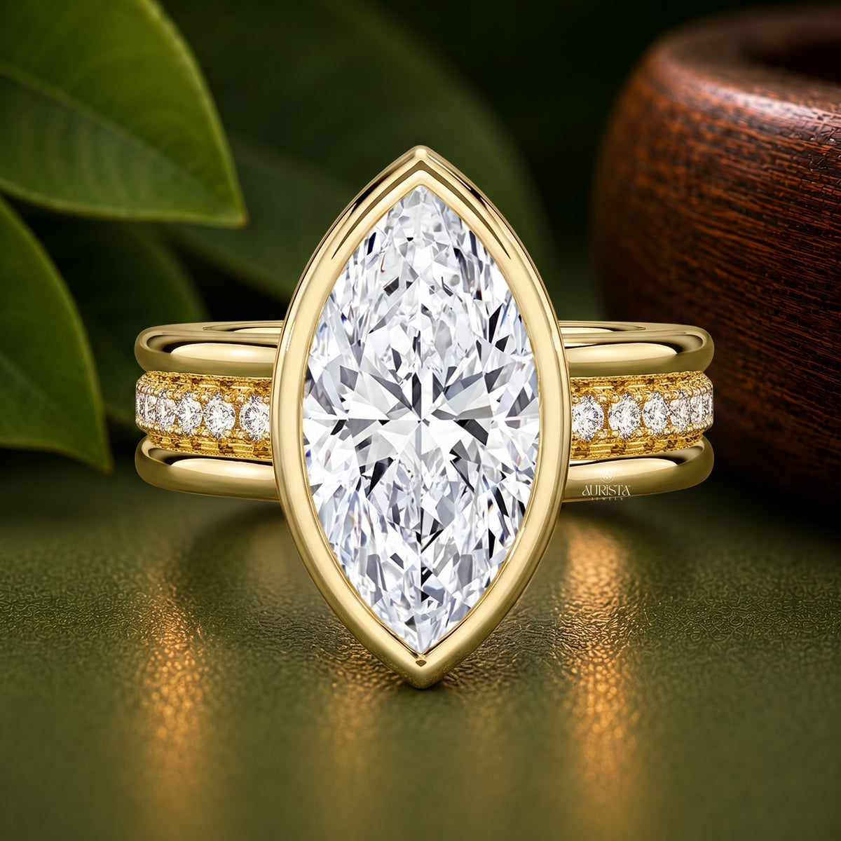 Marquise Lab Grown Diamond Ring, Bezel Setting Pave Side Stones, Yellow Gold Ring