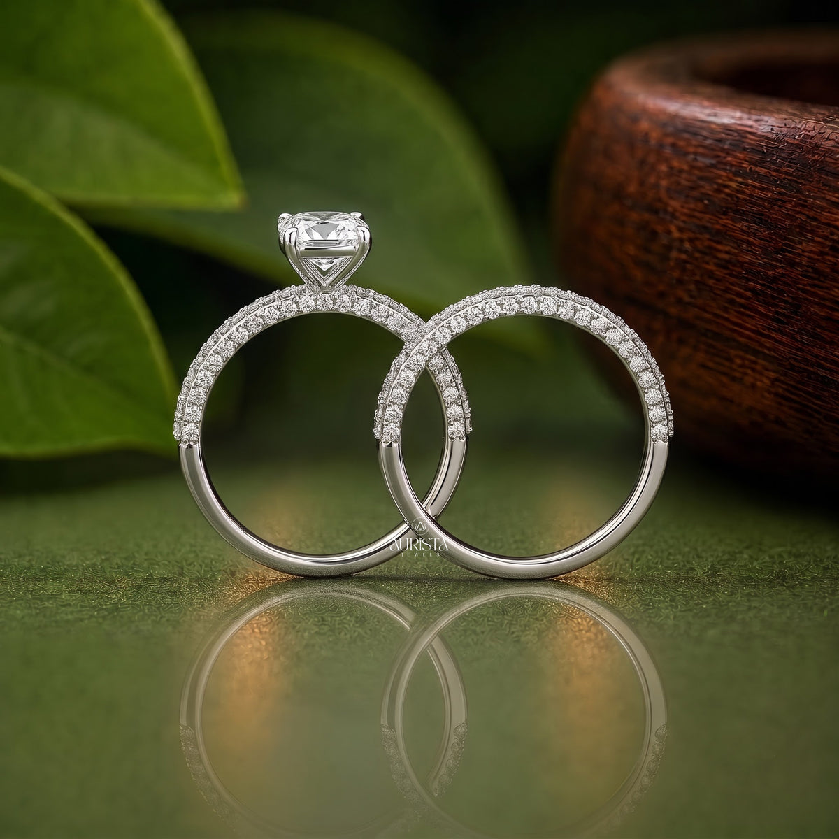 Lab Grown Diamond Bridal Ring Set - Cushion Cluster Pave Engagement and Wedding Bands