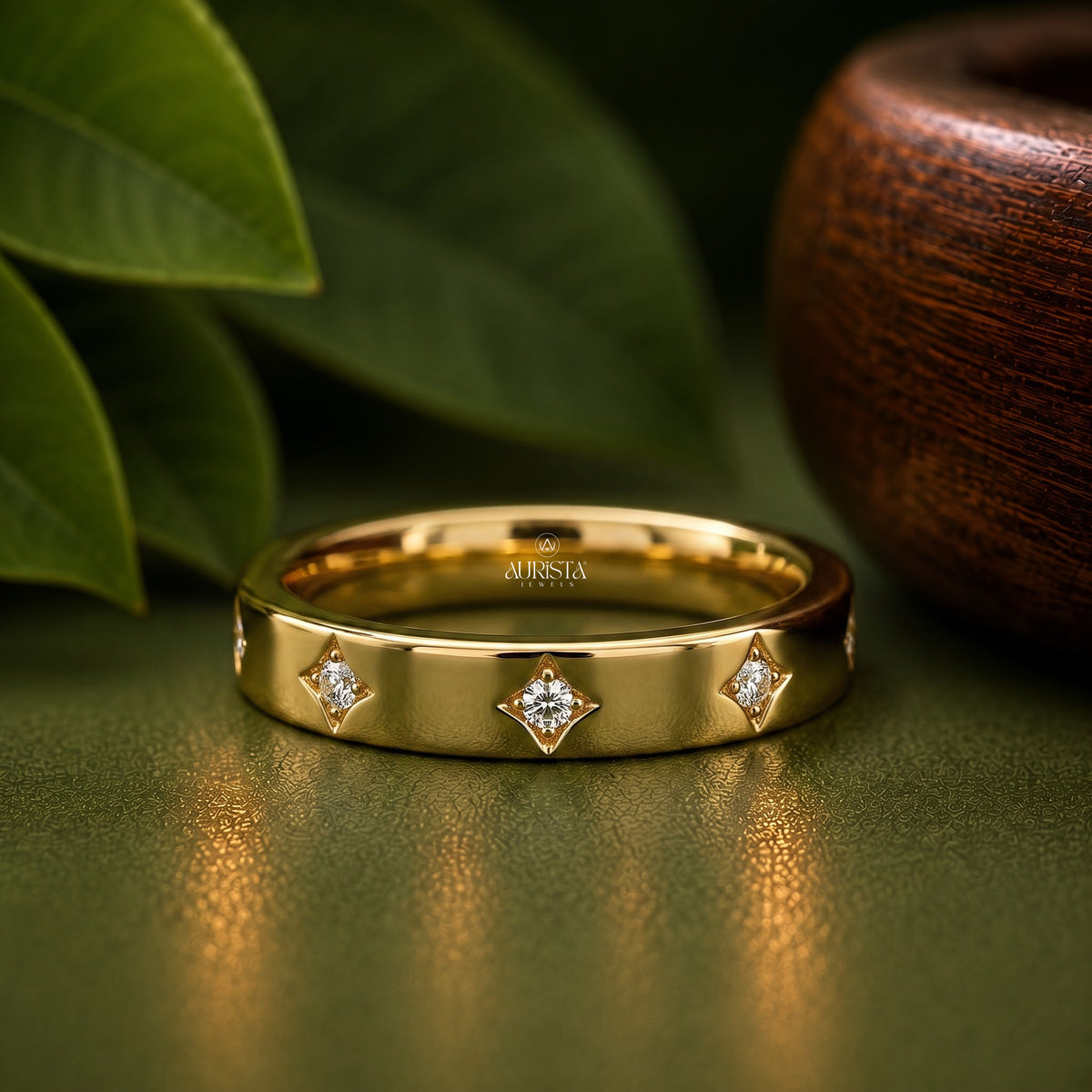 Lab Grown Diamond Star Set Band, Yellow Gold Stacking Ring Diamond Wedding Band