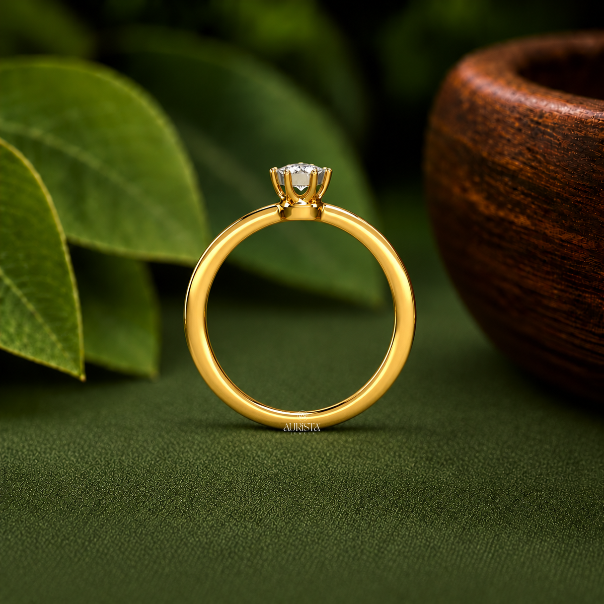 Moissanite Diamond Round Solitaire Engagement Ring Yellow Gold Minimalist Promise