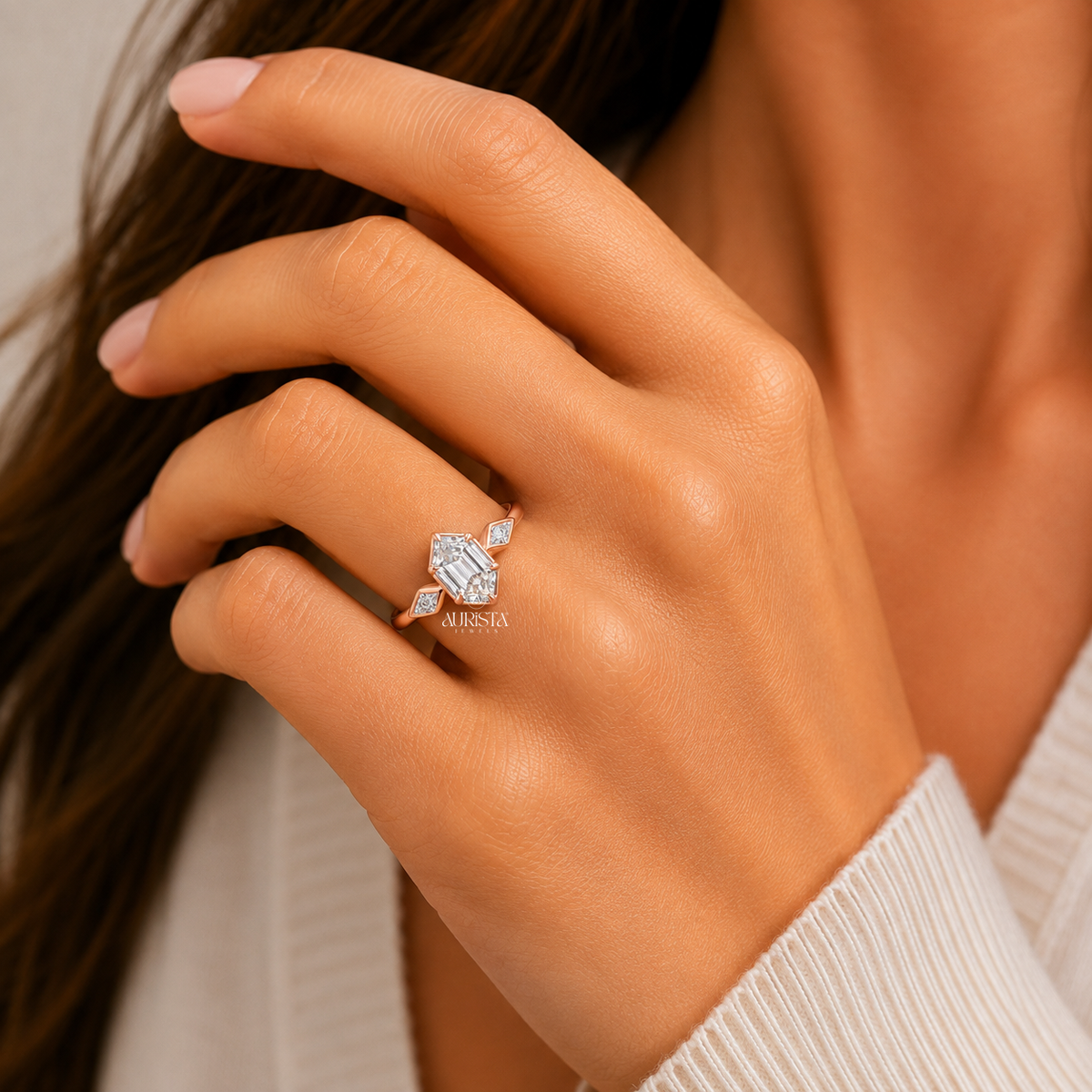 Hexagon Lab Grown Diamond Ring, Rose Gold Three Stone Engagement Ring With Marquise