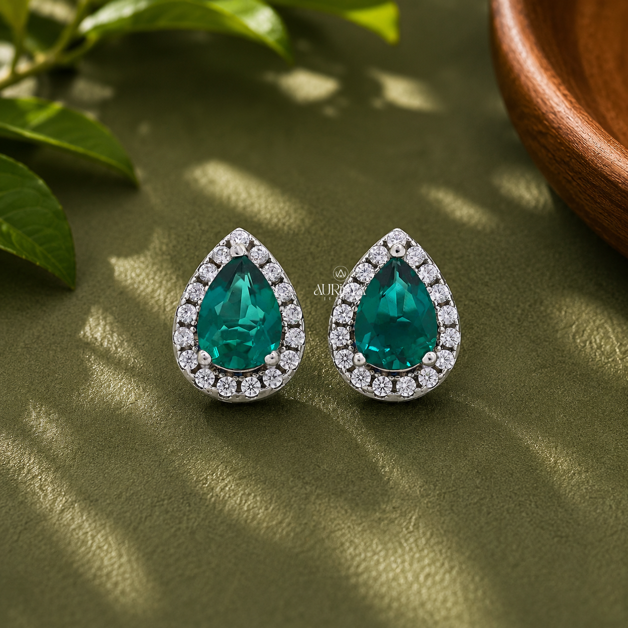 Green Pear Cut Lab Grown in Diamond Halo Stud Earrings Chic Jewelry