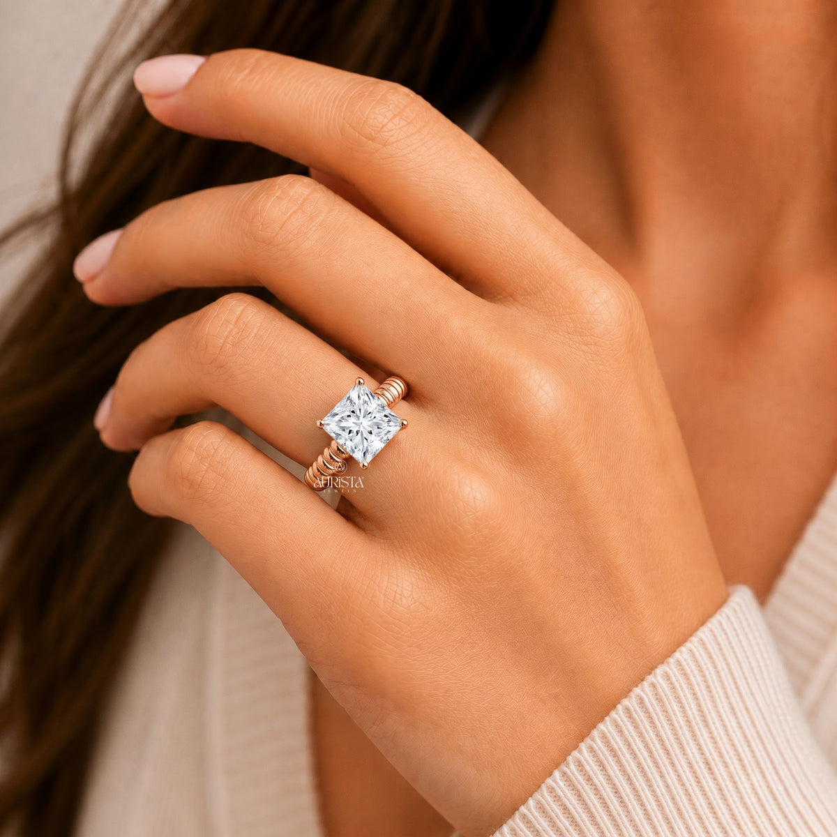 Princess Shape Lab Grown Diamond Ring, Unique Ribbed Dome Rose Gold Solitaire Band