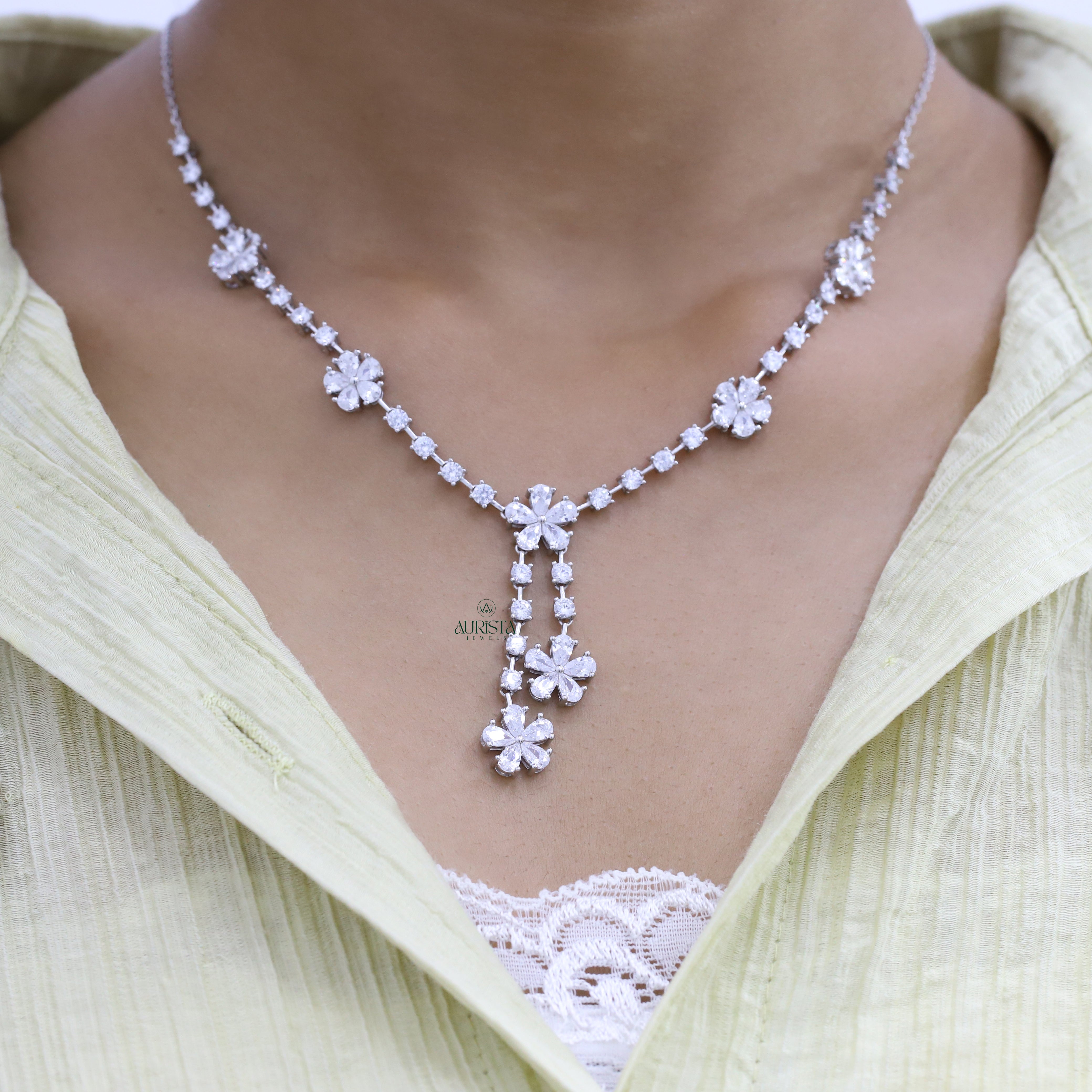 Necklace and Earring moissanite Set Elegant Flower Pendant Minimalist Floral Set