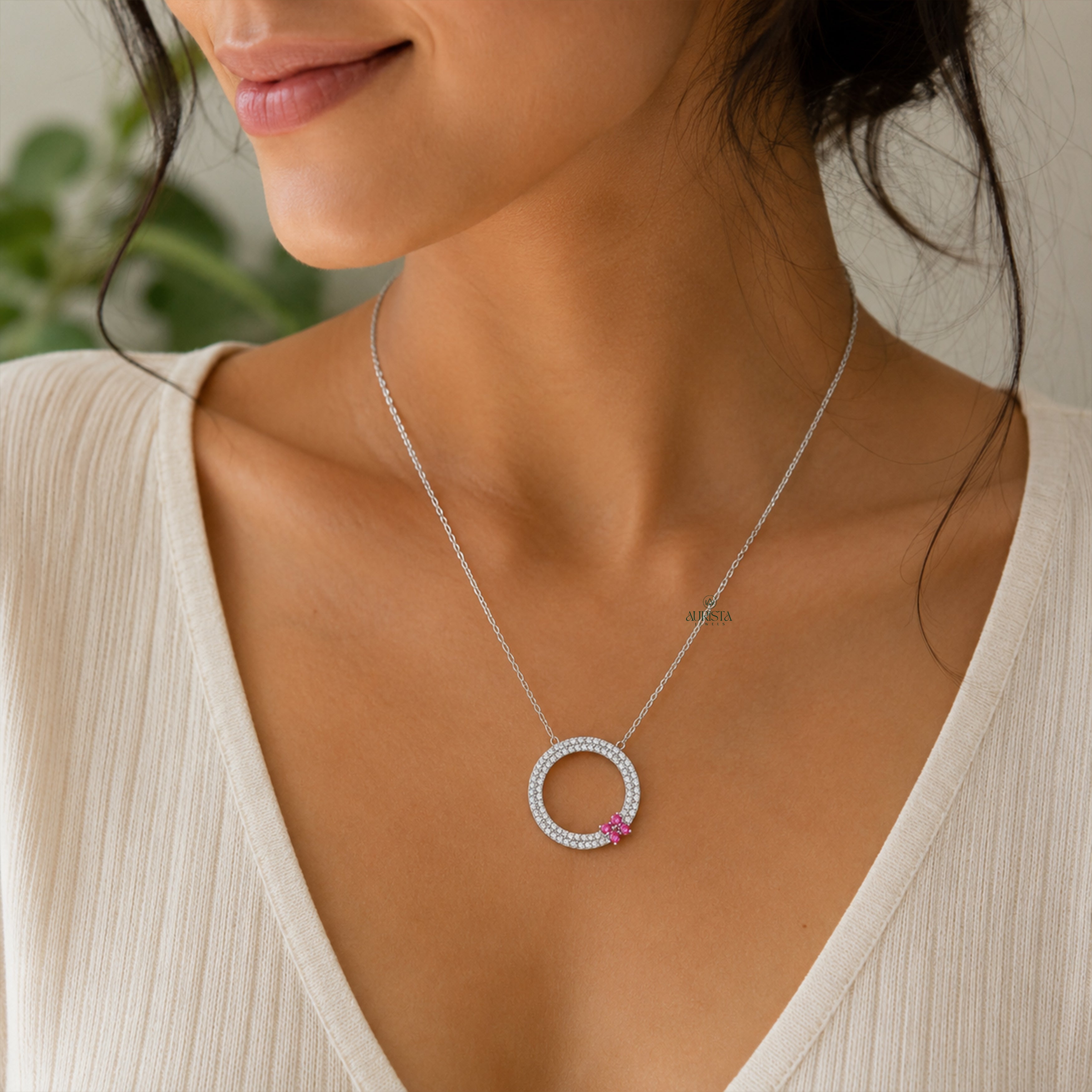 Dainty Moissanite Round Diamond Circle Pendant Necklace Floral Charm Gift For Her