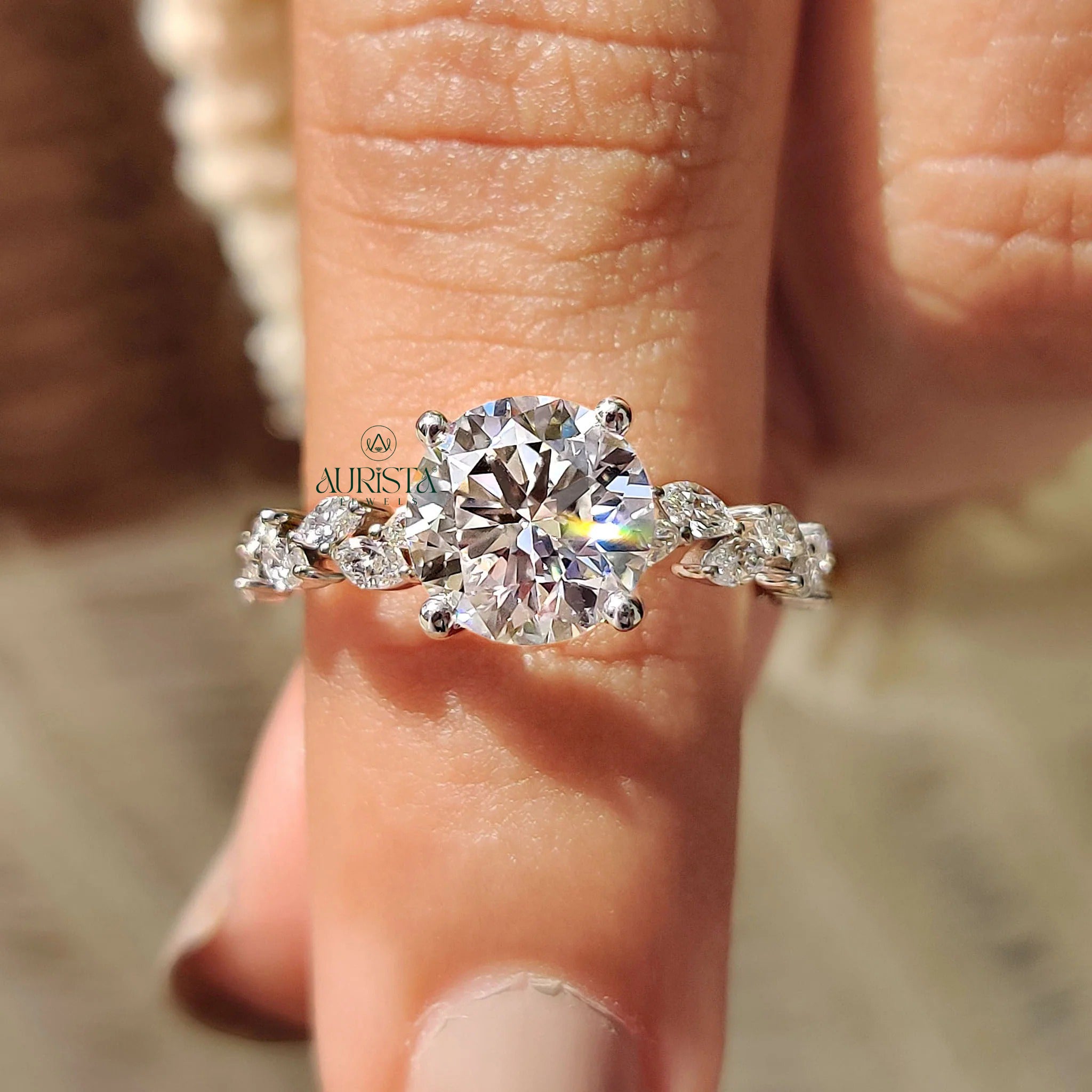 Round-Cut Brilliant Ring with Twisted Vine Pave Band