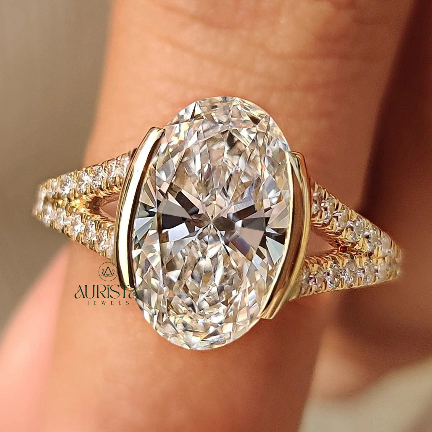 Oval Cut Diamond Half Bezel Split Pave Band Ring