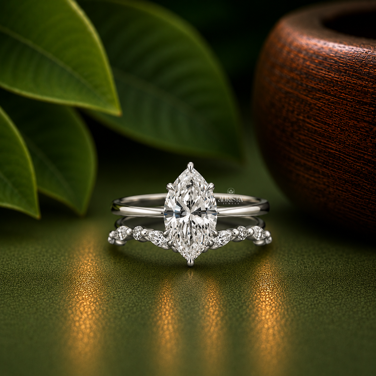Marquise Shape Lab Grown Diamond Ring Set, bridal-set With Round Side Stones