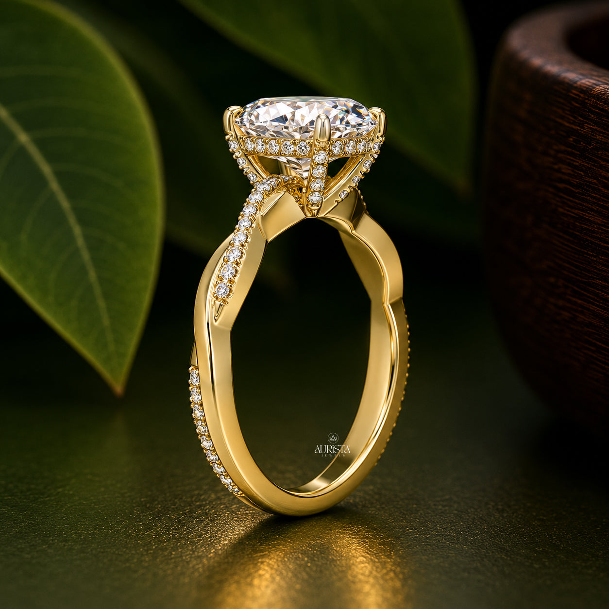 Round Cut Lab Grown Diamond Twisted Ring, Pavé Band Engagement Ring, Solitaire Band