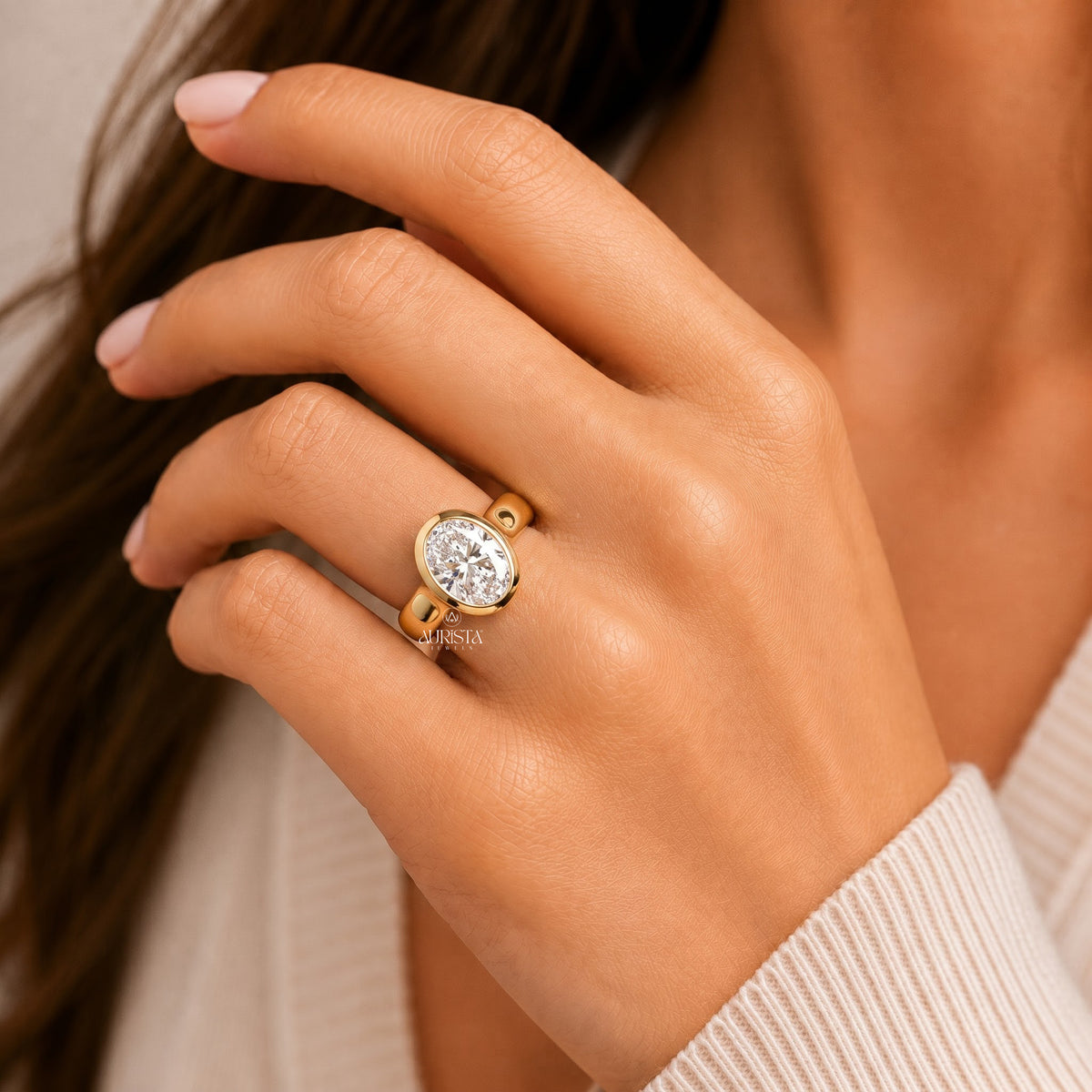 Oval Shape Lab Grown Diamond Ring, Bezel Set Solitaire Minimalist Yellow Gold Band