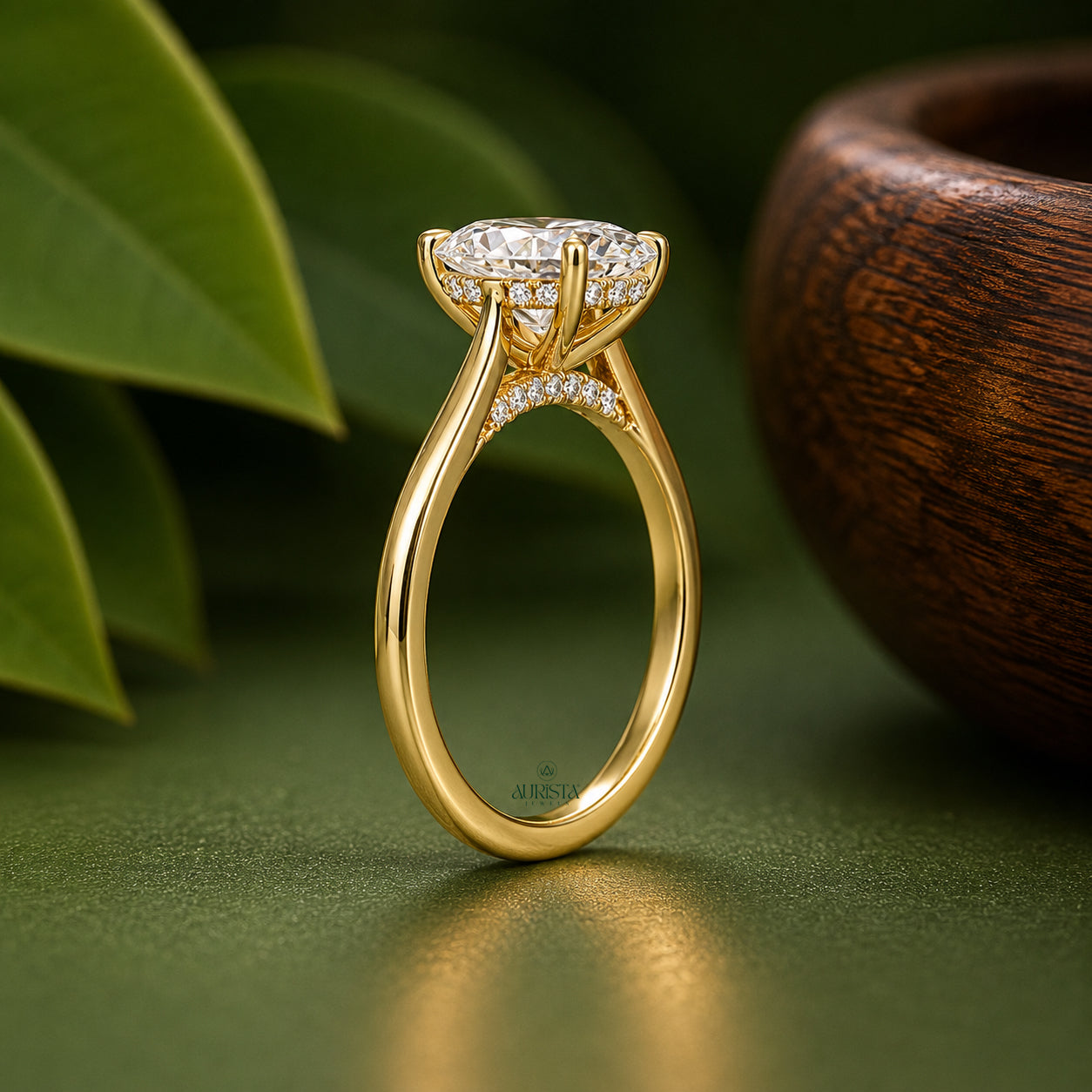 2CT Oval Lab Grown Diamond Engagement Ring, 14k Yellow Gold Hidden Halo Solitaire
