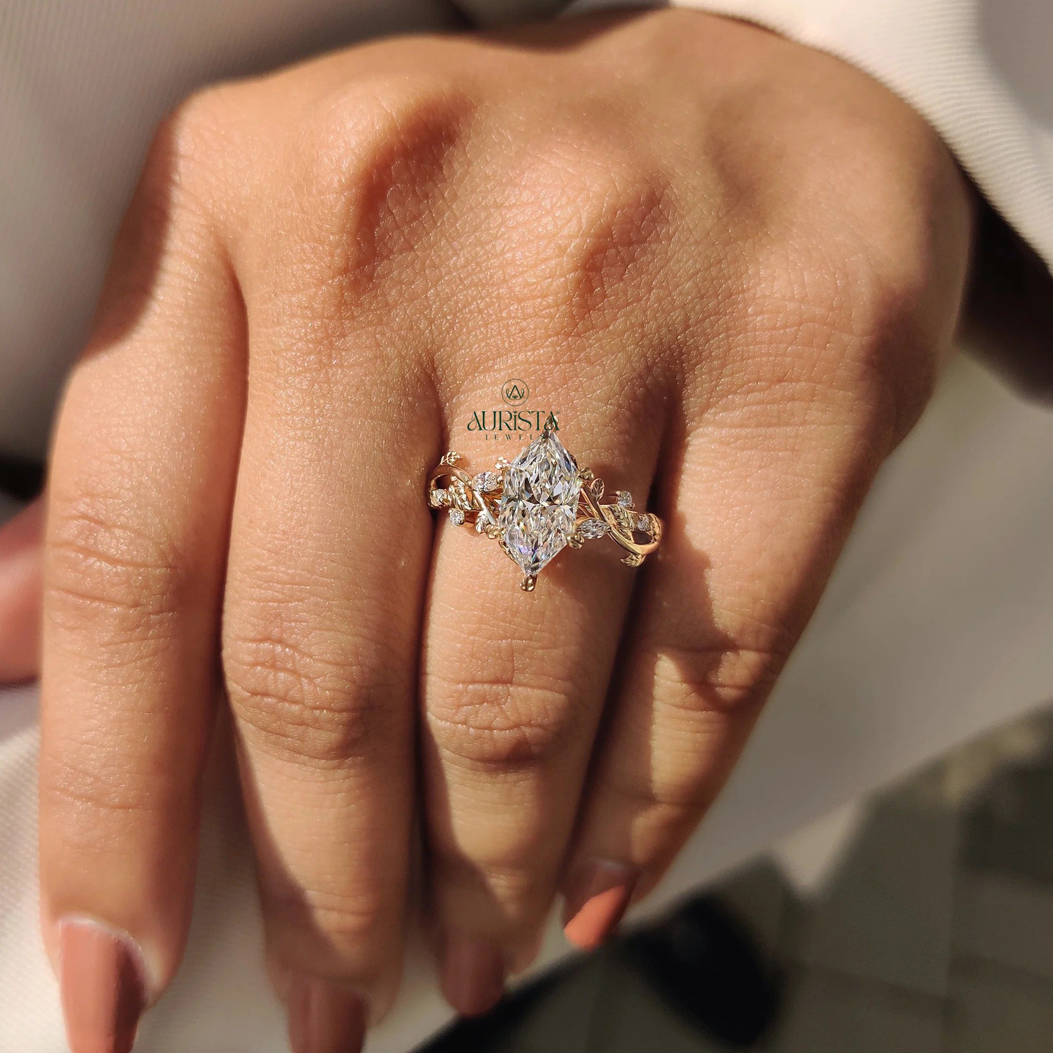 Marquise Cut Diamond Vine Ring with Leaf Accent Twig Band