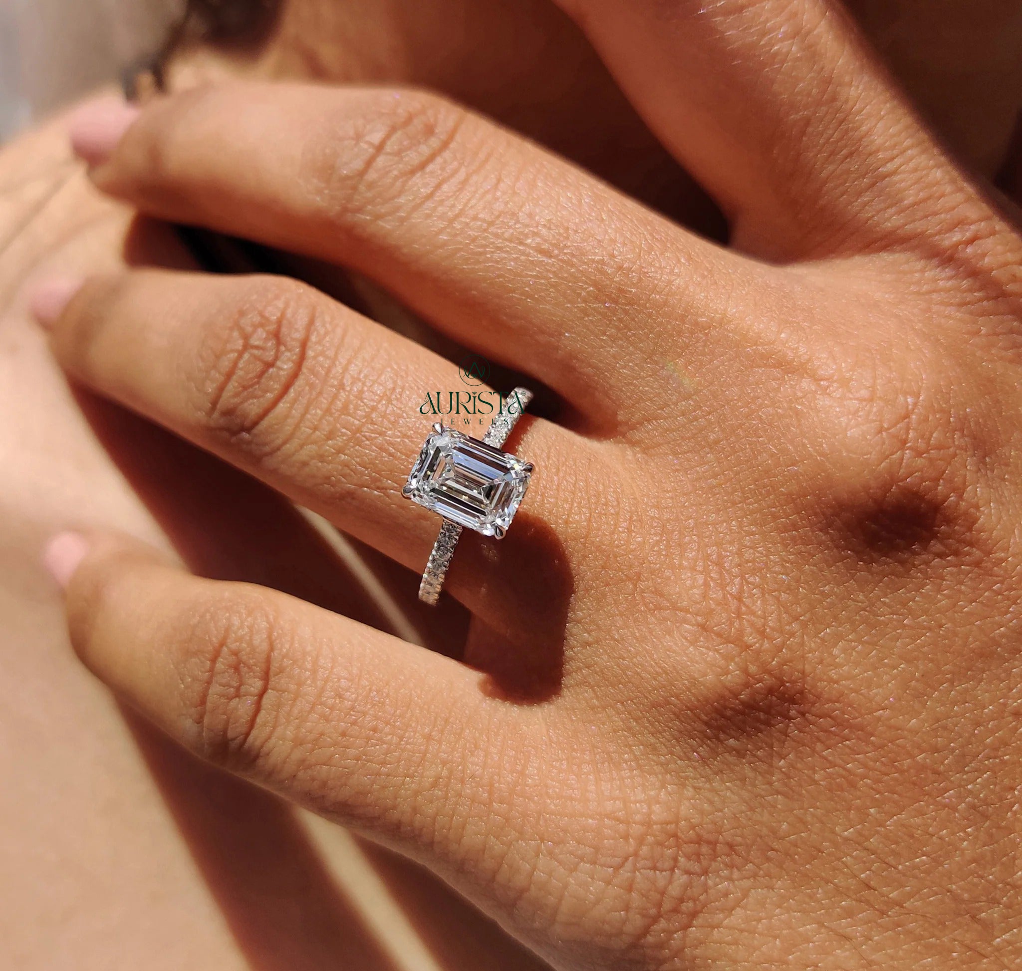 Emerald Cut Diamond Ring with Timeless Pave Elegance