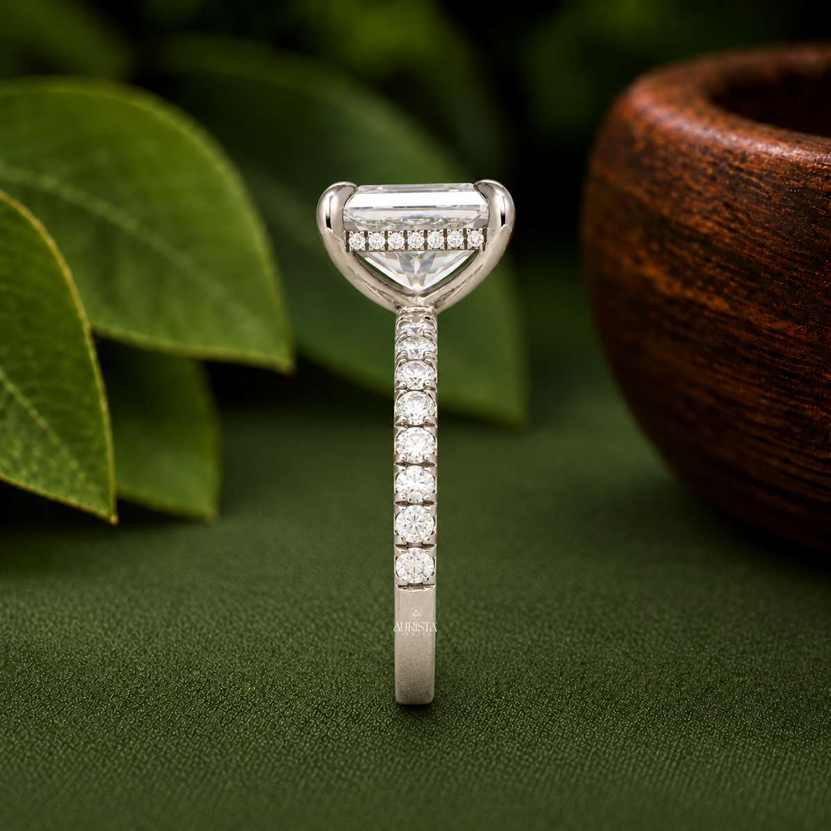 3.6 CT Radiant Cut Lab Grown Diamond Engagement Ring, Hidden Halo Pave Band