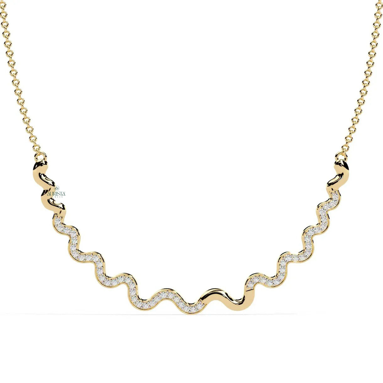 Gold Wave Necklace Lab Grown Diamond Zigzag Minimalist Statement Dainty Chain Jewelry