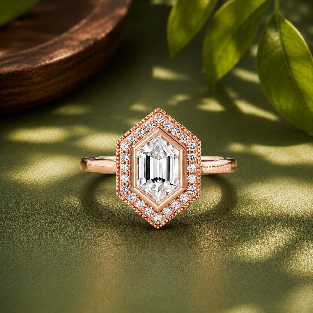 Hexagon Moissanite Diamond Ring, Rose Gold Halo Engagement Ring With Vintage Detail