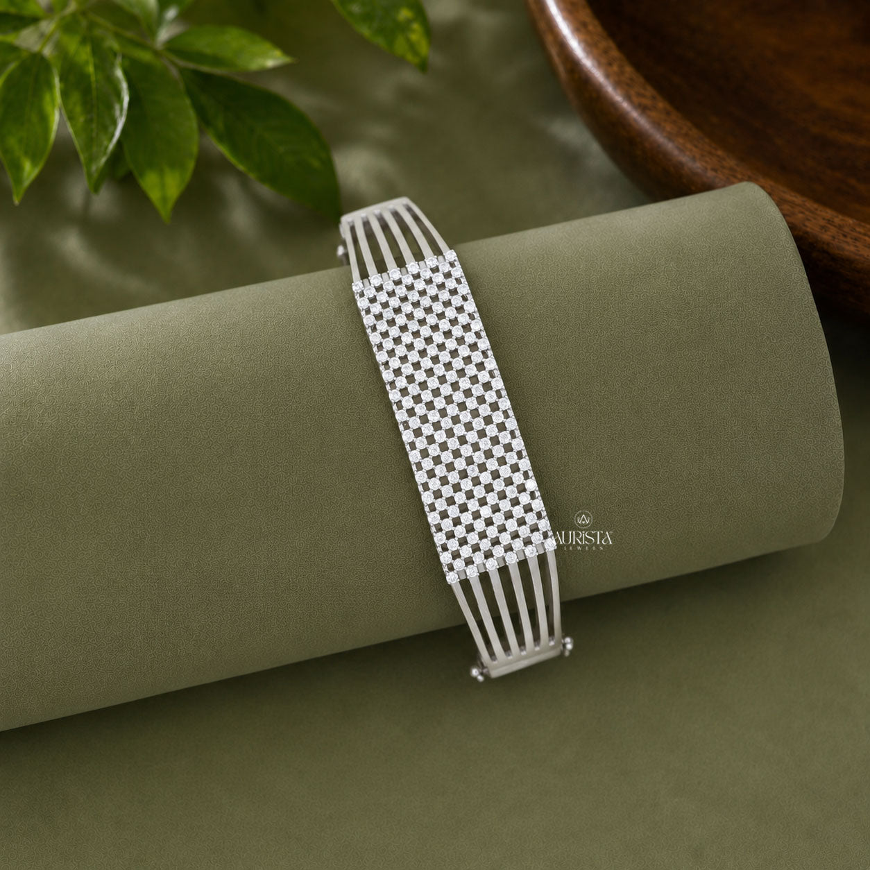 Pave Round Moissanite Bar Cuff Bangle -Multi Strand Mesh Wide Statement Bracelet