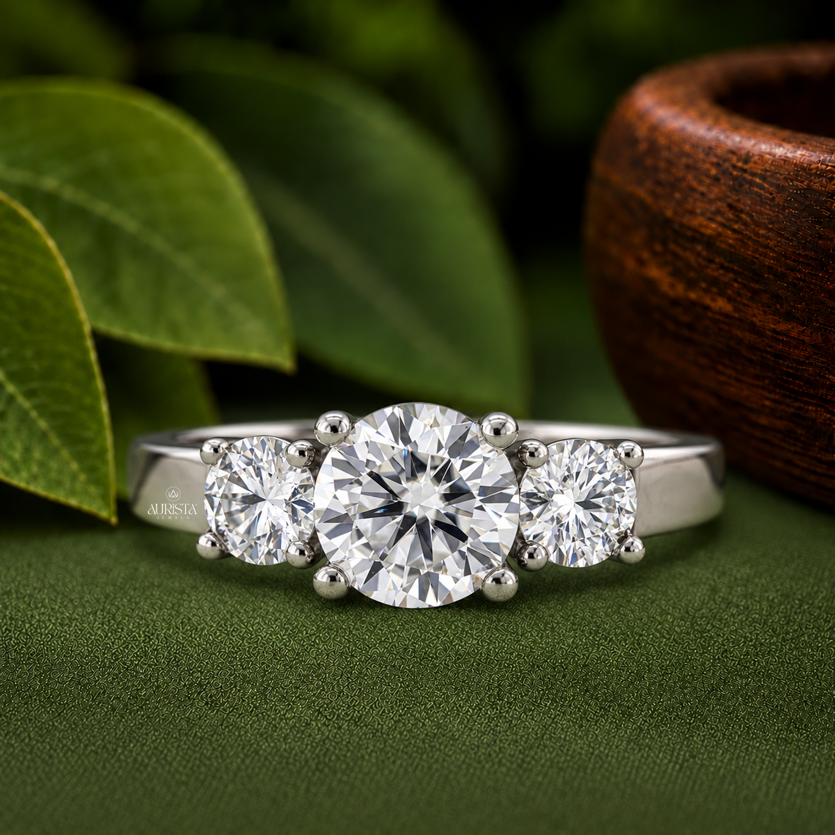 Round Cut Lab Grown Diamond Three Stone Ring, Past Present Future Engagement Ring