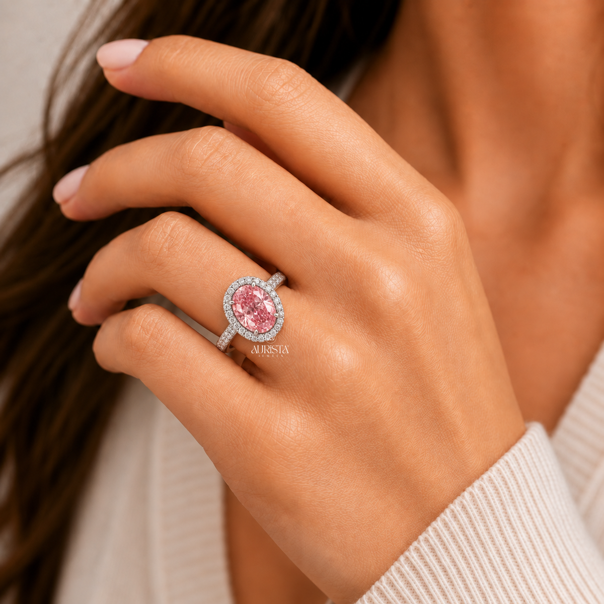 Pink Oval Halo Engagement Ring Color Diamond Lab Grown in Diamond Fine Jewelry