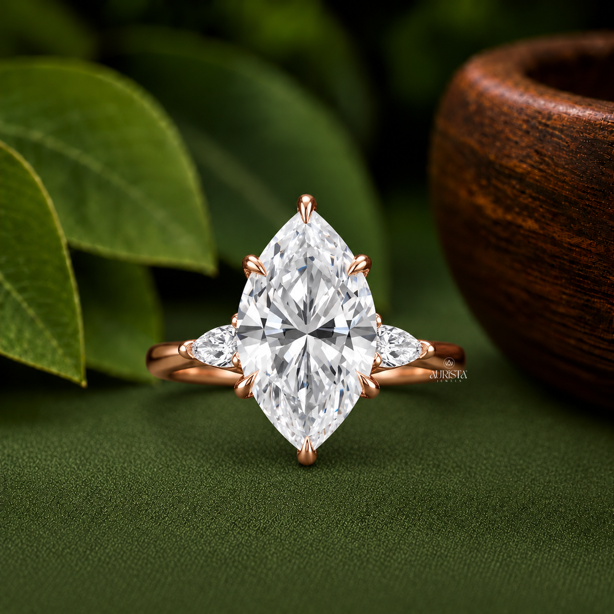 Marquise Moissanite Diamond Ring Set, Rose Gold Three Stone With Curved Pave Band