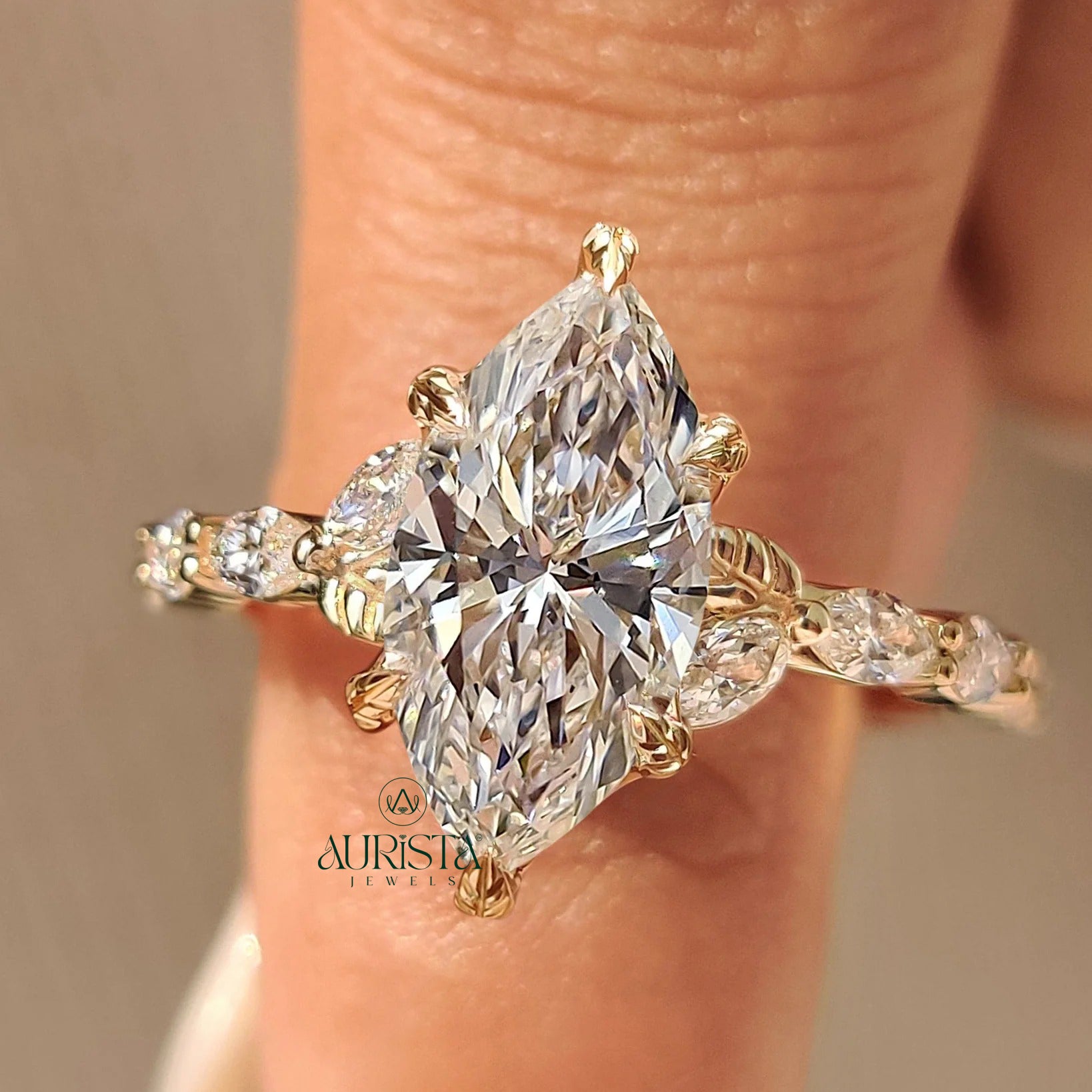 Marquise Cut Lab-Grown Diamond Ring with Pave Diamond Band