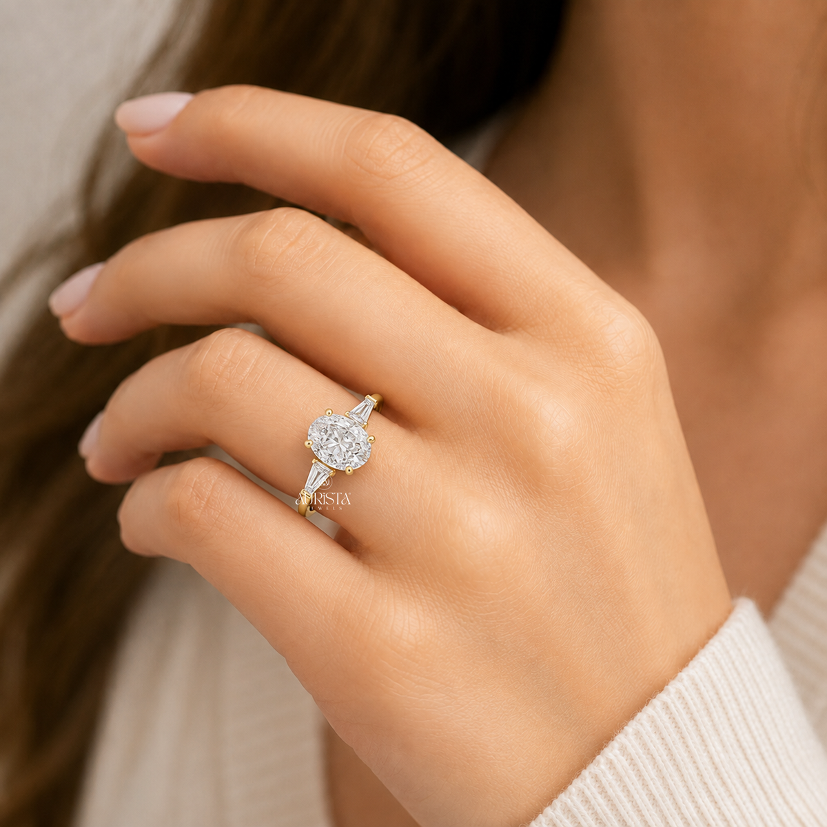 Oval & Tapered Baguette Lab Grown Diamond Ring, Three Stone Anniversary Gift