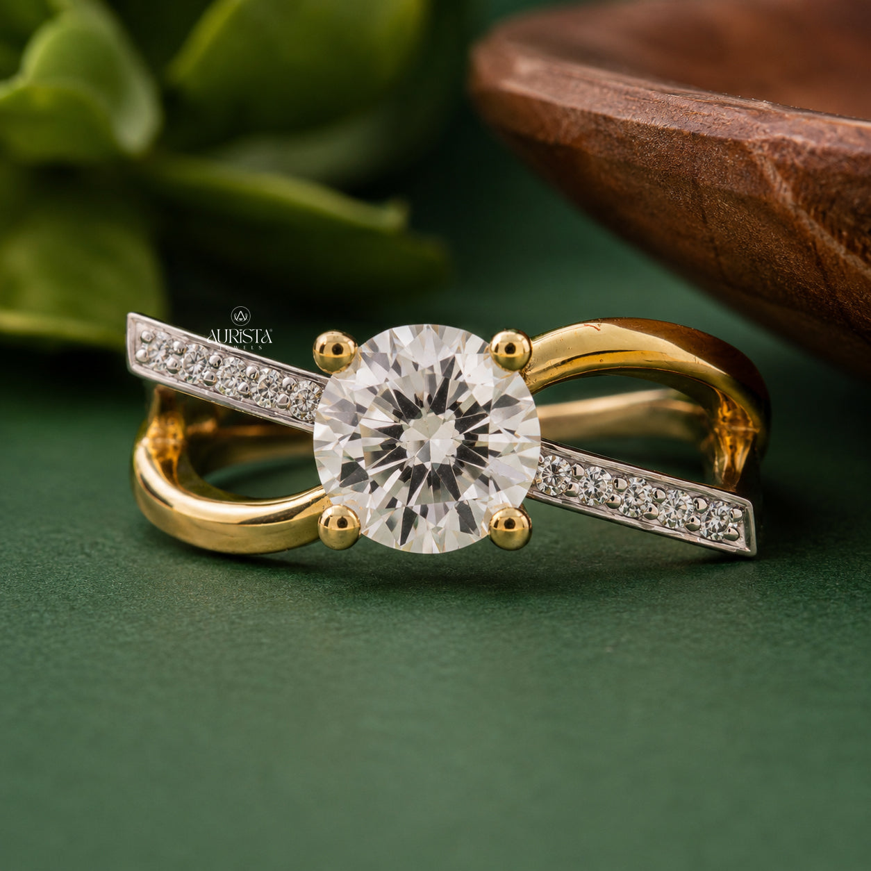 Round Cut Lab Grown Diamond Bypass Ring, Pavé Gold Engagement Wedding Ring
