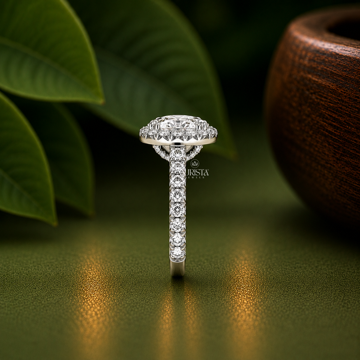 Oval Shape Lab Grown Diamond Ring, Halo Engagement Ring With Pave Band White Gold
