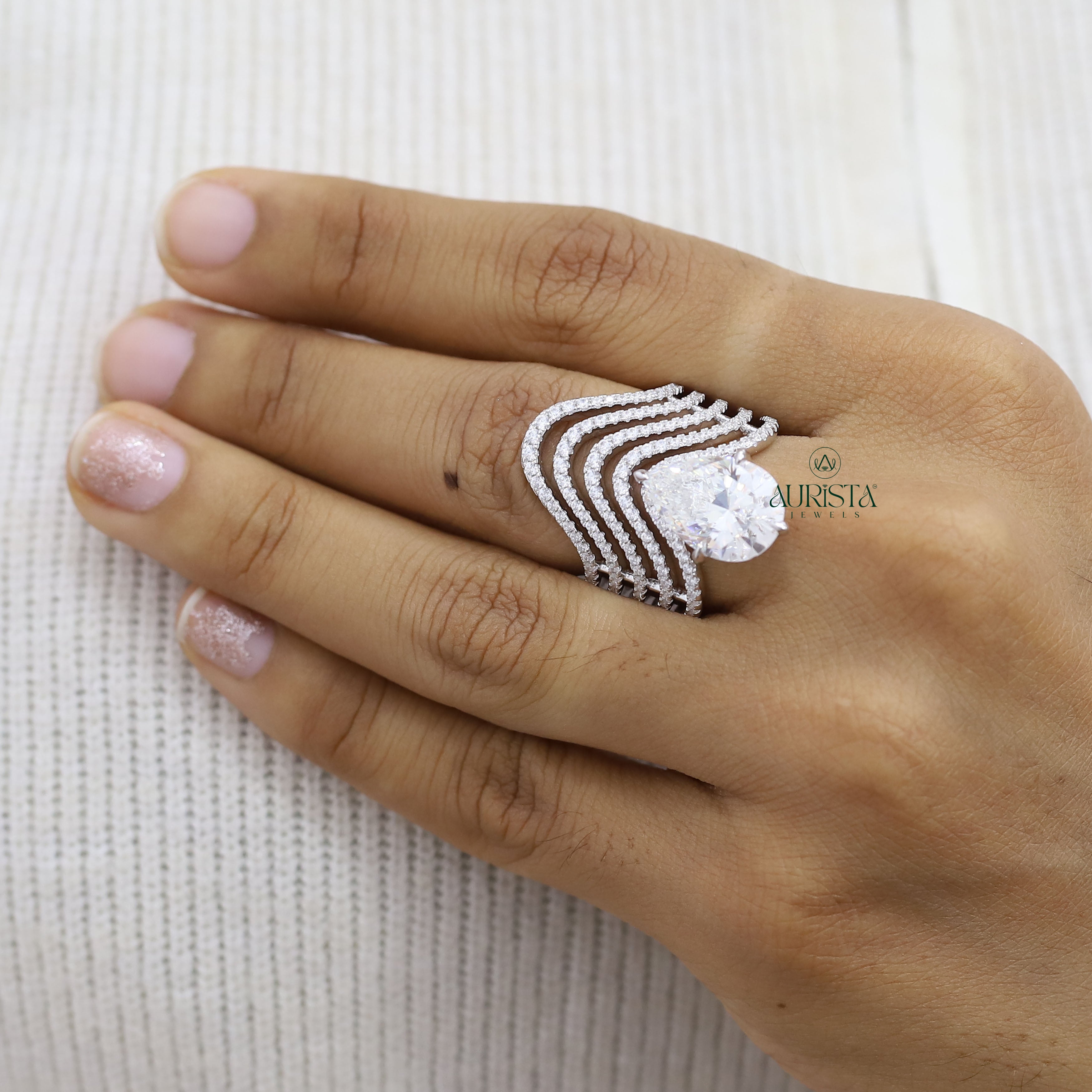 Pear Cut Moissanite Statement Ring - Multi Layer Wave Pave Band Luxury Cocktail Ring