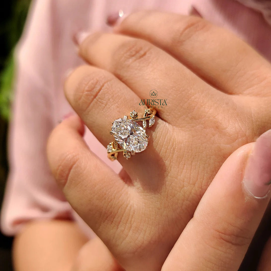 Oval Cut Diamond Vine Ring with Leaf Accent Side Stones
