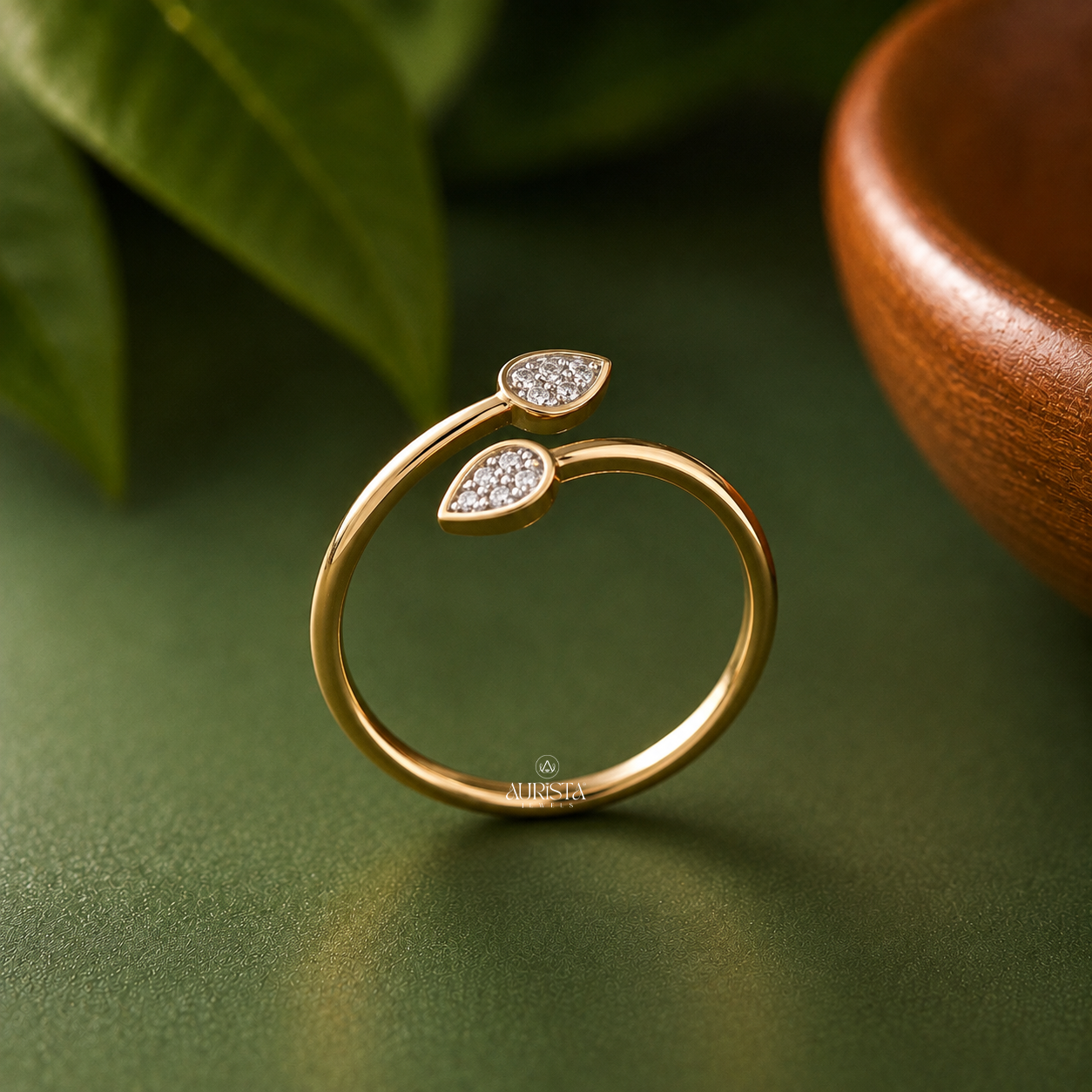 Lab Grown Diamond Gold Leaf Ring Open Bypass Band Dainty Stacking Ring Modern