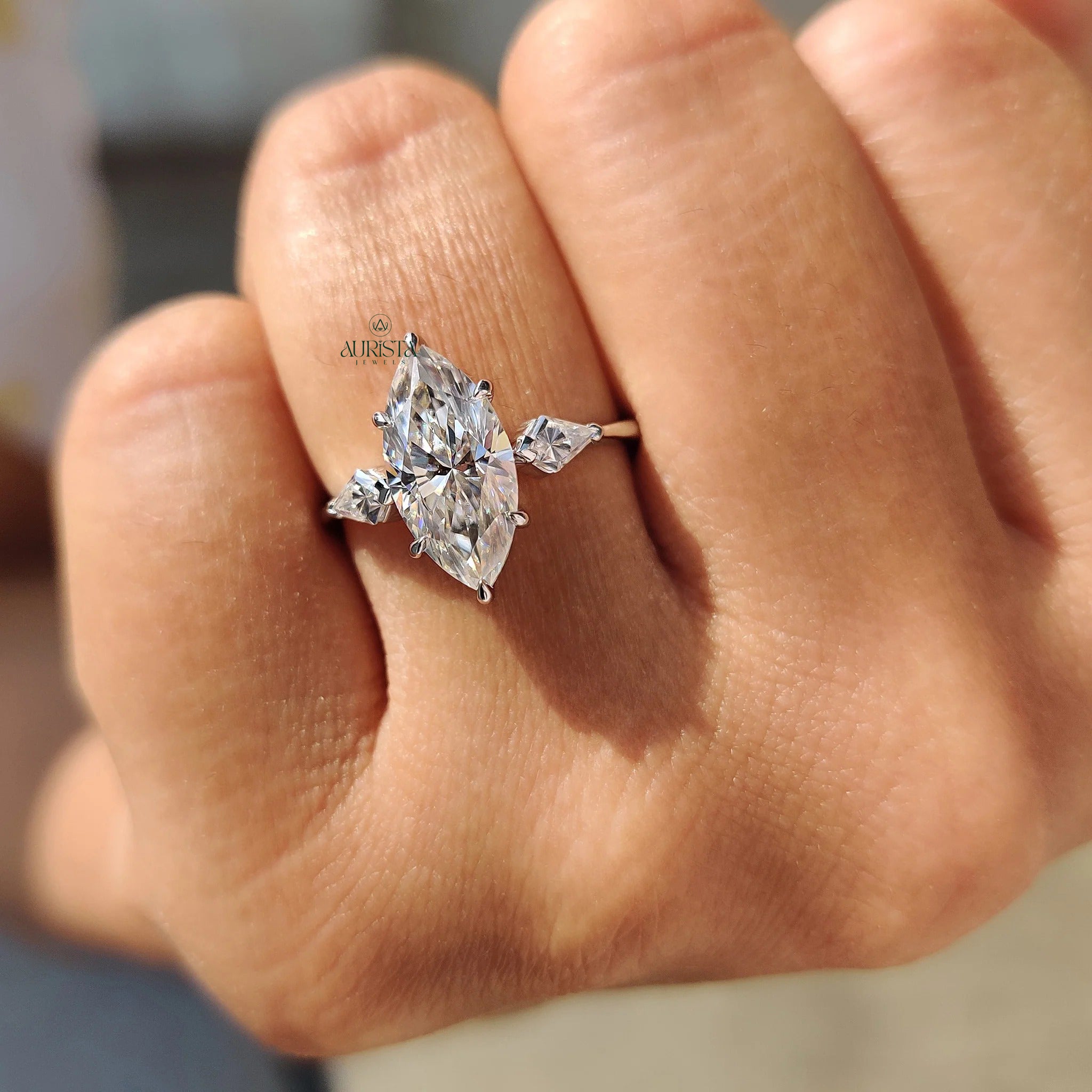 Marquise Moissanite in Diamond Kite Accent White Gold 3 Stone Engagement Ring