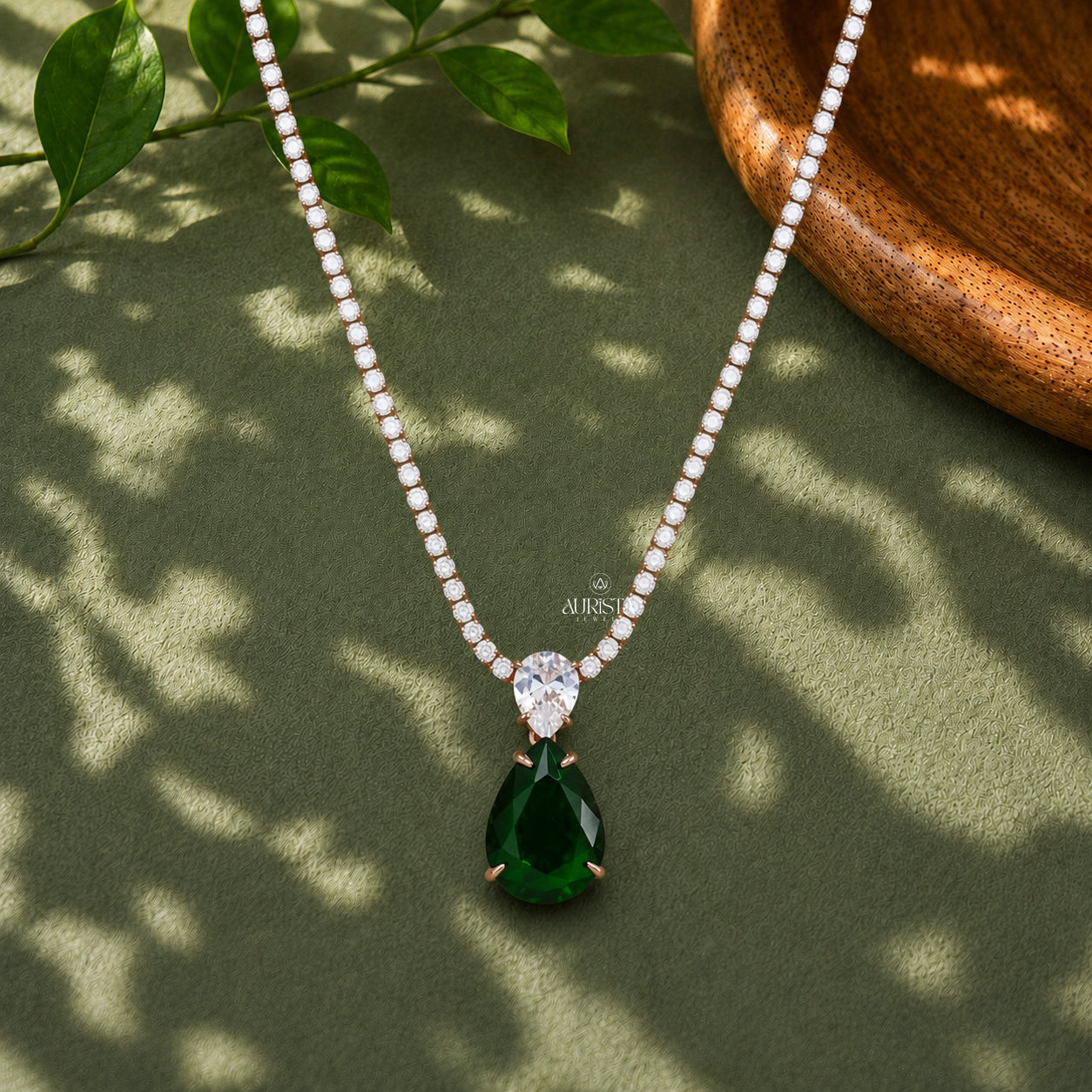 Round Moissanite Tennis Necklace with Pear-Cut Green Drop Pendant