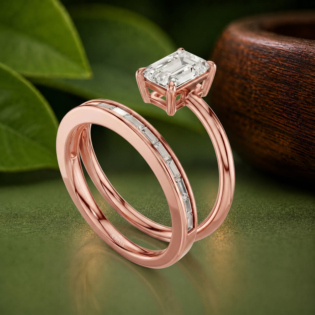 Emerald Moissanite Diamond Ring Set, Rose Gold Spiral Bridal Band With Baguette Set