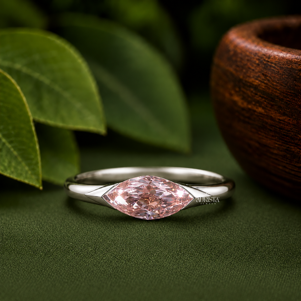 Pink Marquise Cut Bezel Set Engagement Ring Solitaire Band Lab Grown in Diamond