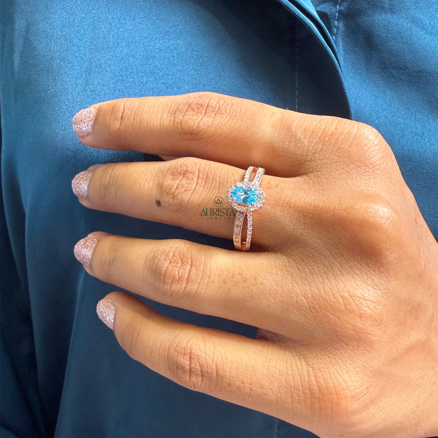 Oval Blue Moissanite Band Modern Split Shank Elegant Ring Everyday Luxury Jewelry