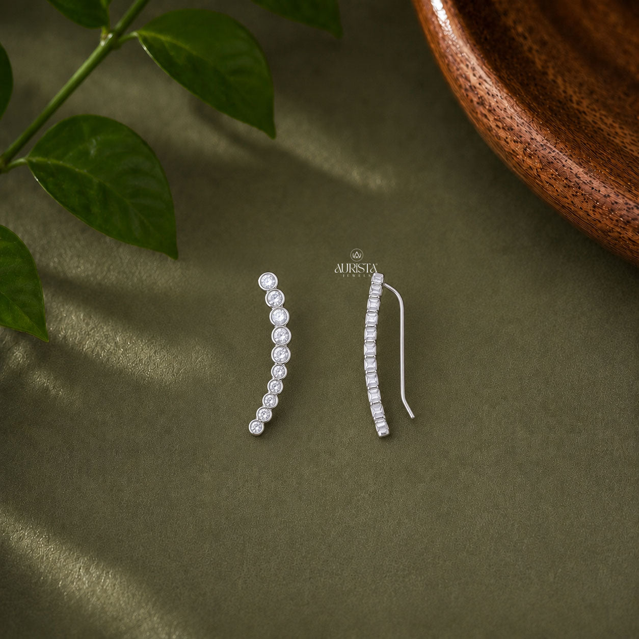 Round Diamond Graduated Ear Climber Earrings - Bezel Set Crawler Earrings