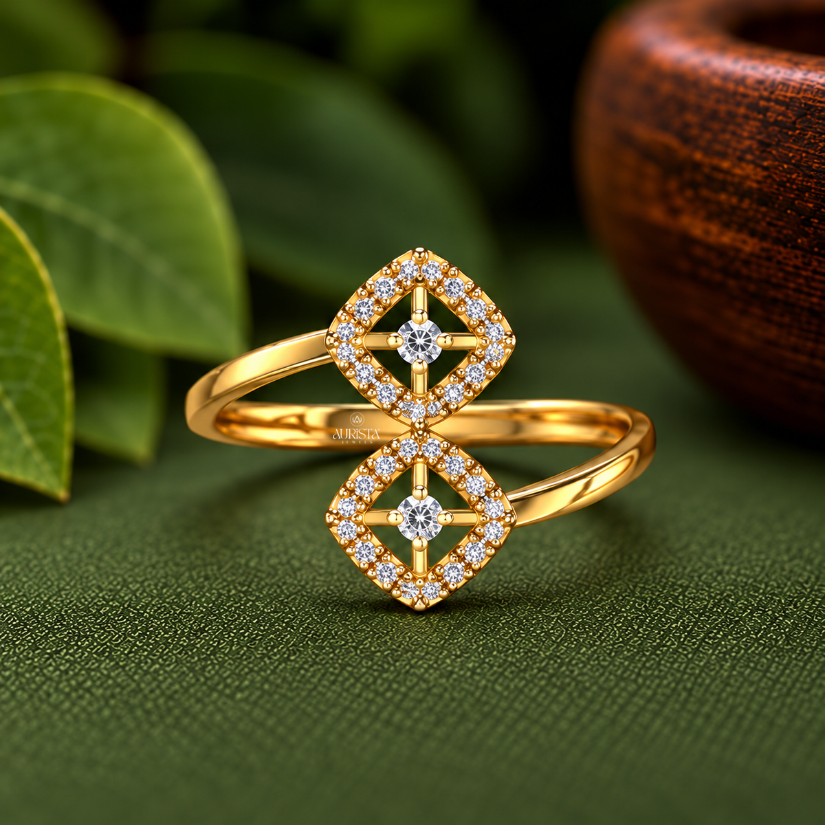 Dual Square Halo Bypass Ring Moissanite in Diamond Luxury Gold Jewelry