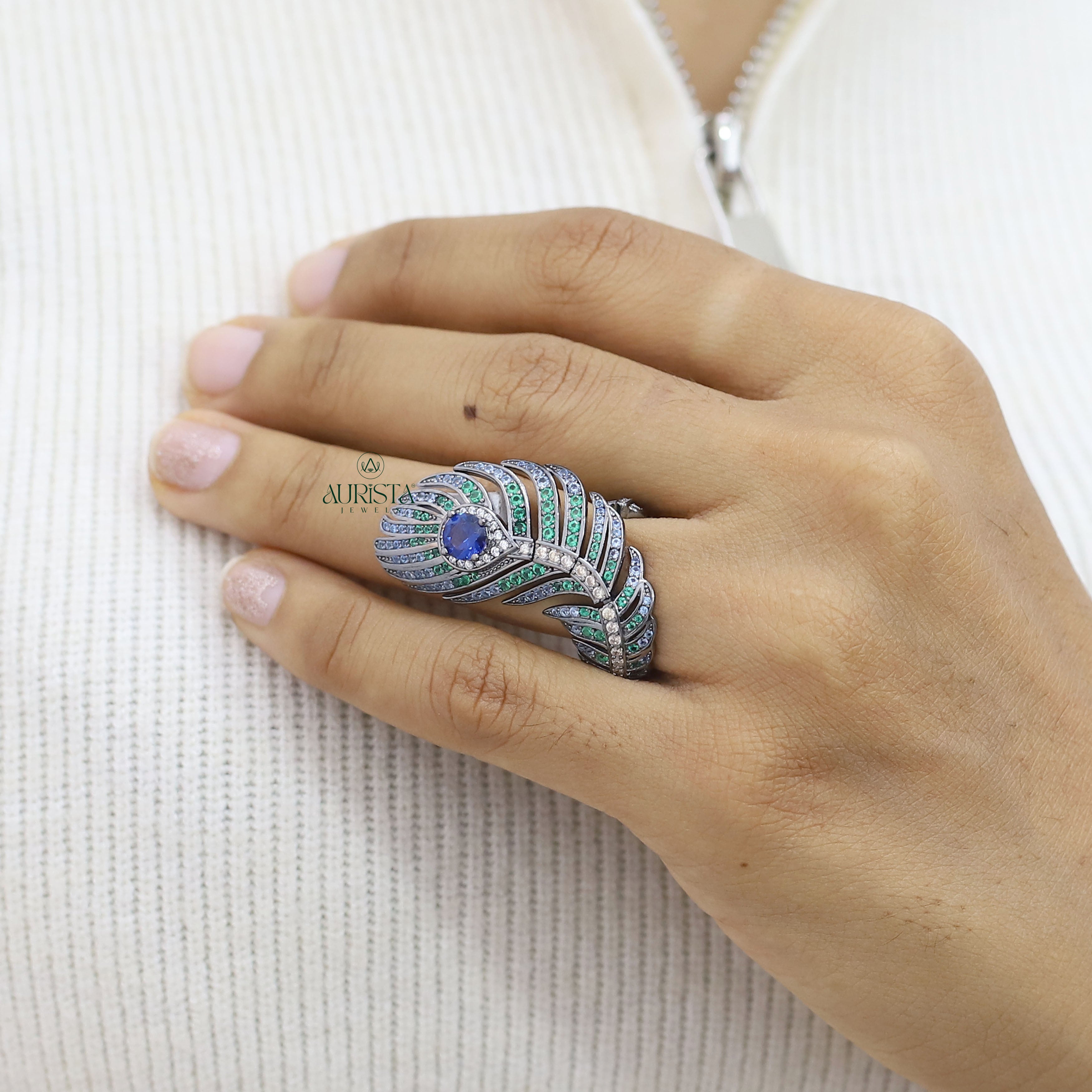 Peacock Feather Moissanite Ring - Blue Sapphire & Round Gemstone Statement Ring