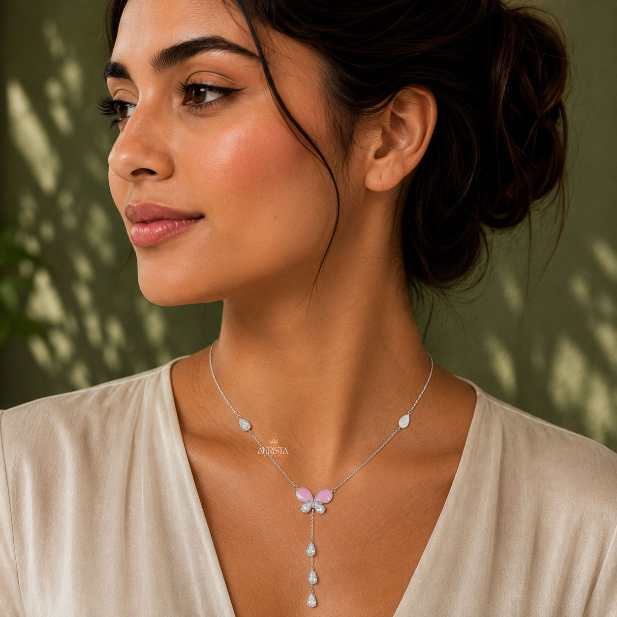 Pink Enamel Butterfly Moissanite Lariat Y Necklace With Pear Drop Charms For Women